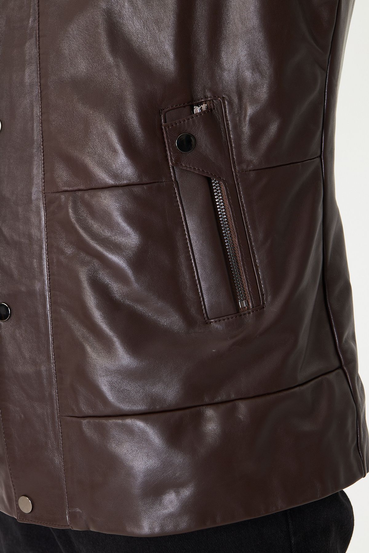 Erkek Kahverengi Hakiki Deri Şişme Mont – Fermuarlı ve Çıtçıt Kapamalı, Astarlı, Regular Kalıp