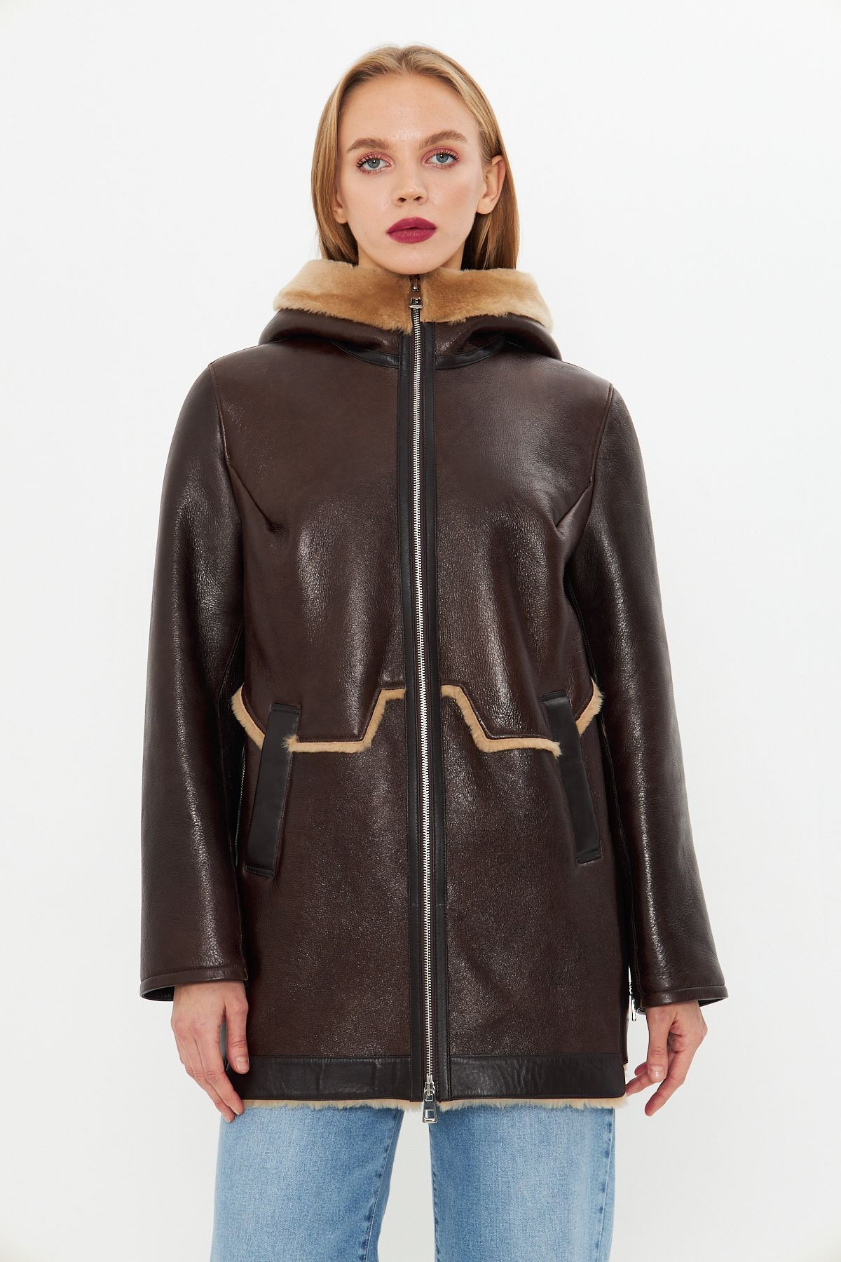 Hakiki Deri Kaban - Kahverengi, İçi Kürklü, Kapüşonlu, Oversize, Fermuarlı, 80 cm - 109922