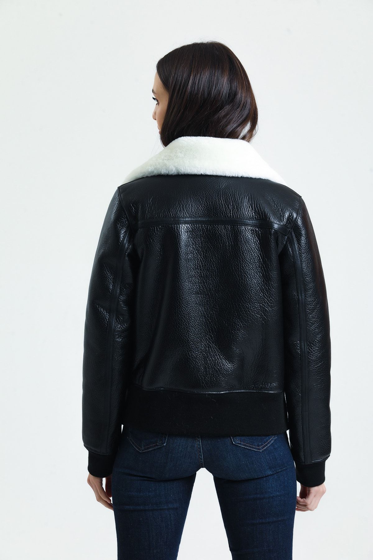 Siyah Hakiki Kürk Mont, Içi Kürklü, Beyaz Kürklü, Kadın Kruvaze Lux Ceket - 110022