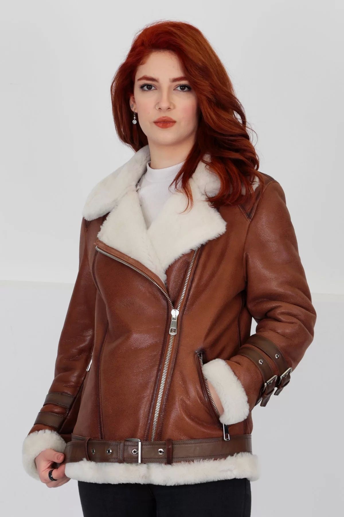 Hakiki Deri Kaban, Içi Kürklü, Kemerli, Kollarda Kemer Detaylı, Taba, 70 Cm - 102622