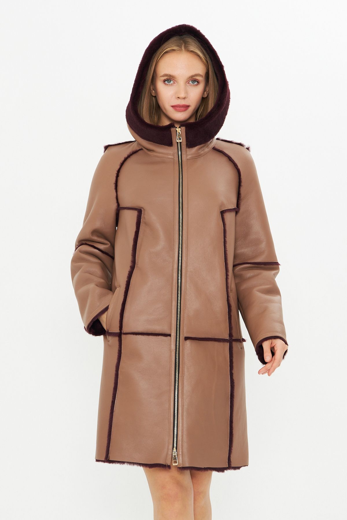 Hakiki Deri Kapüşonlu Oversize Kadın Kaban - İçi Kürklü - Koyu Kahverengi 90 cm- 113422 - kahverengi