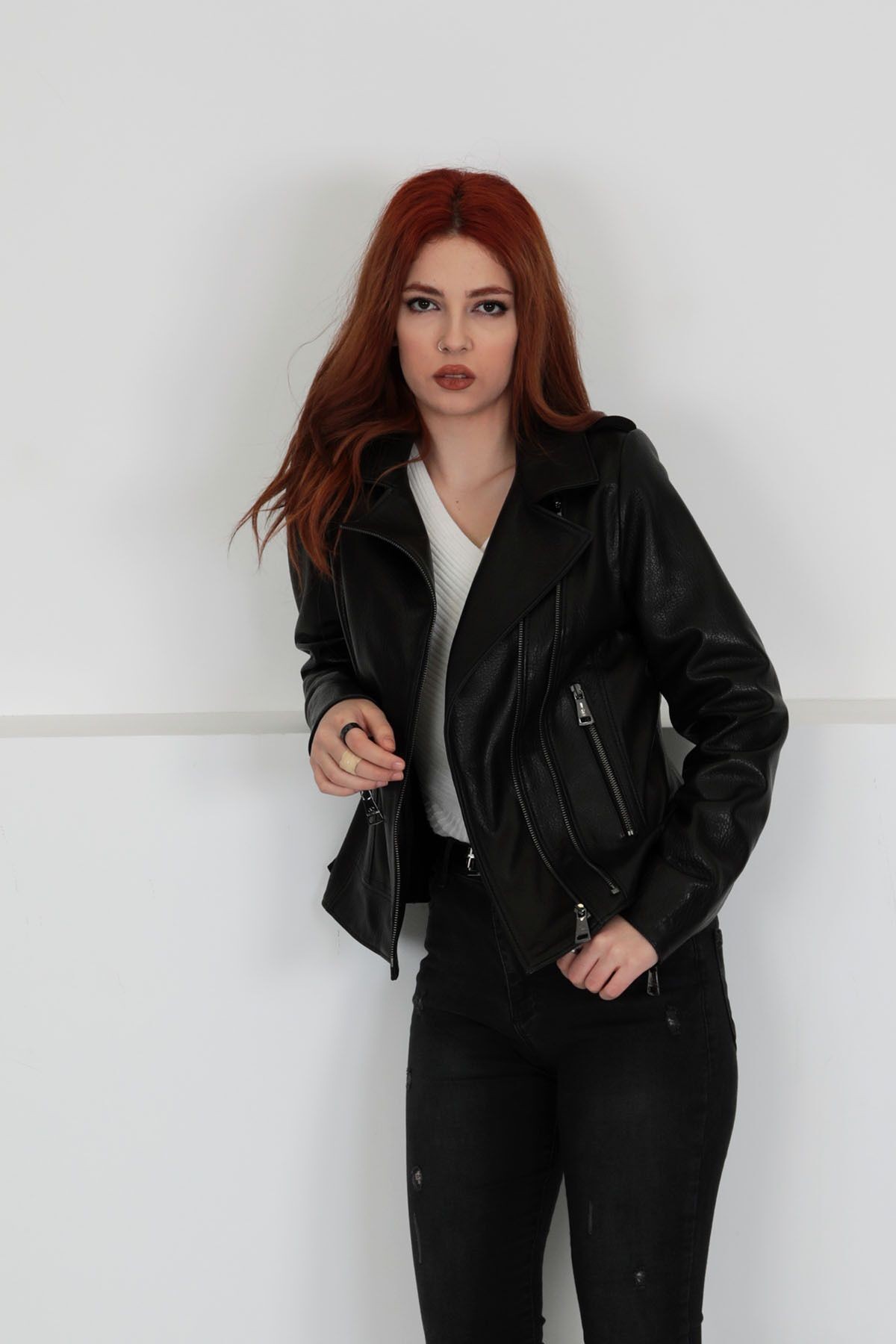 Hakiki Deri Ceket, Çift Fermuarlı, Kadın, Siyah, Baharlık, 65 Cm