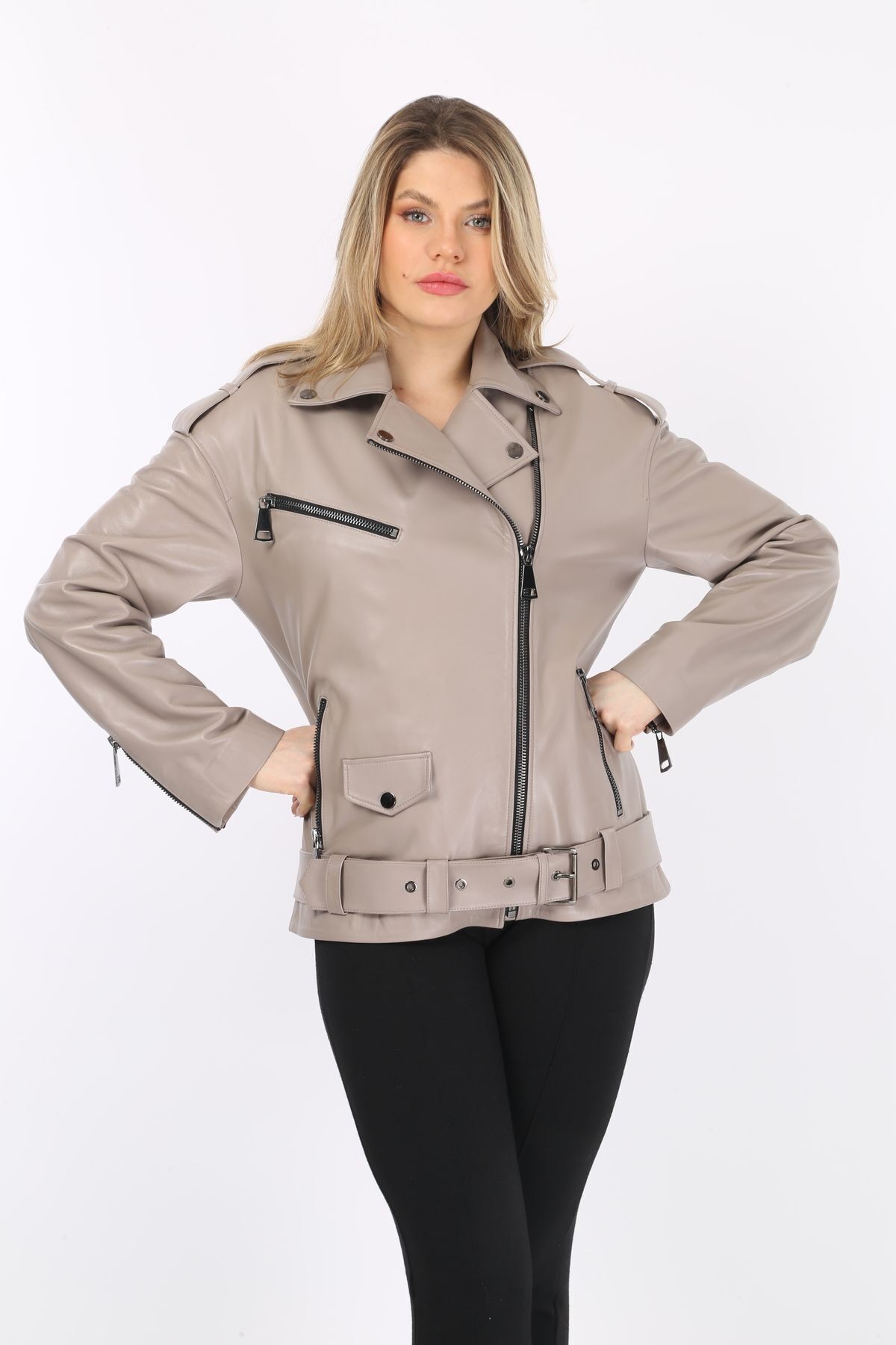 Hakiki Deri Bej Kaban, Kruvaze Yaka, Kadın Deri Ceket, Kemerli Oversize, 70 Cm Uzunluk