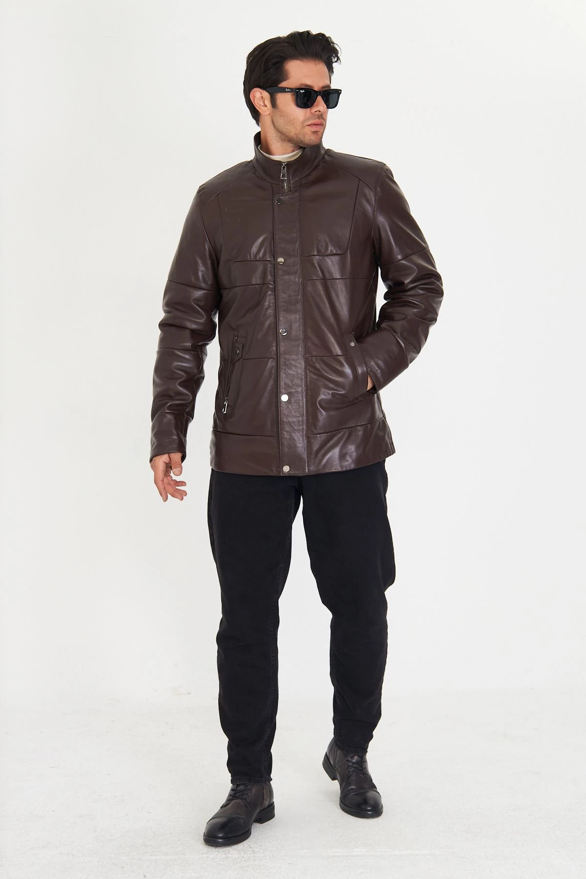 Erkek Kahverengi Hakiki Deri Şişme Mont – Fermuarlı ve Çıtçıt Kapamalı, Astarlı, Regular Kalıp