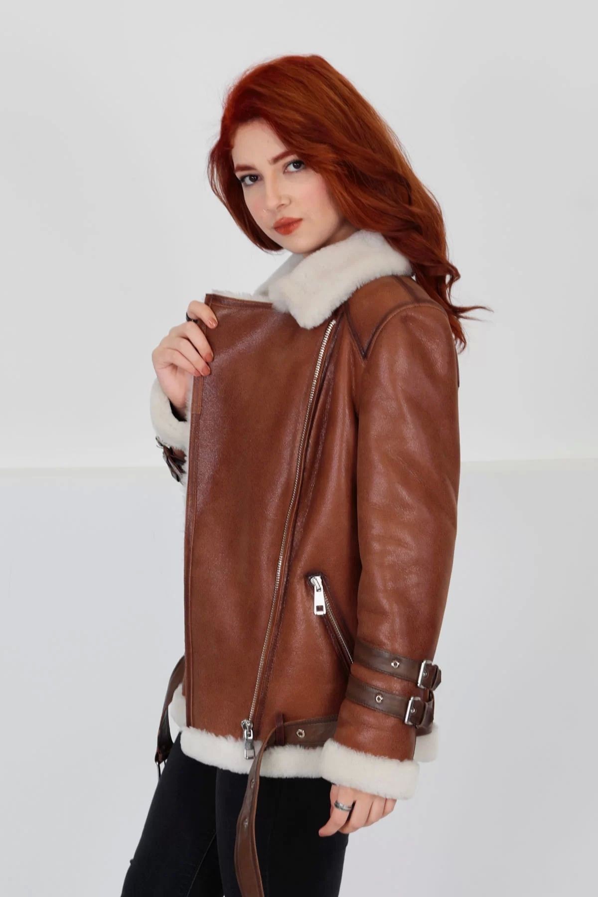 Hakiki Deri Kaban, Içi Kürklü, Kemerli, Kollarda Kemer Detaylı, Taba, 70 Cm - 102622