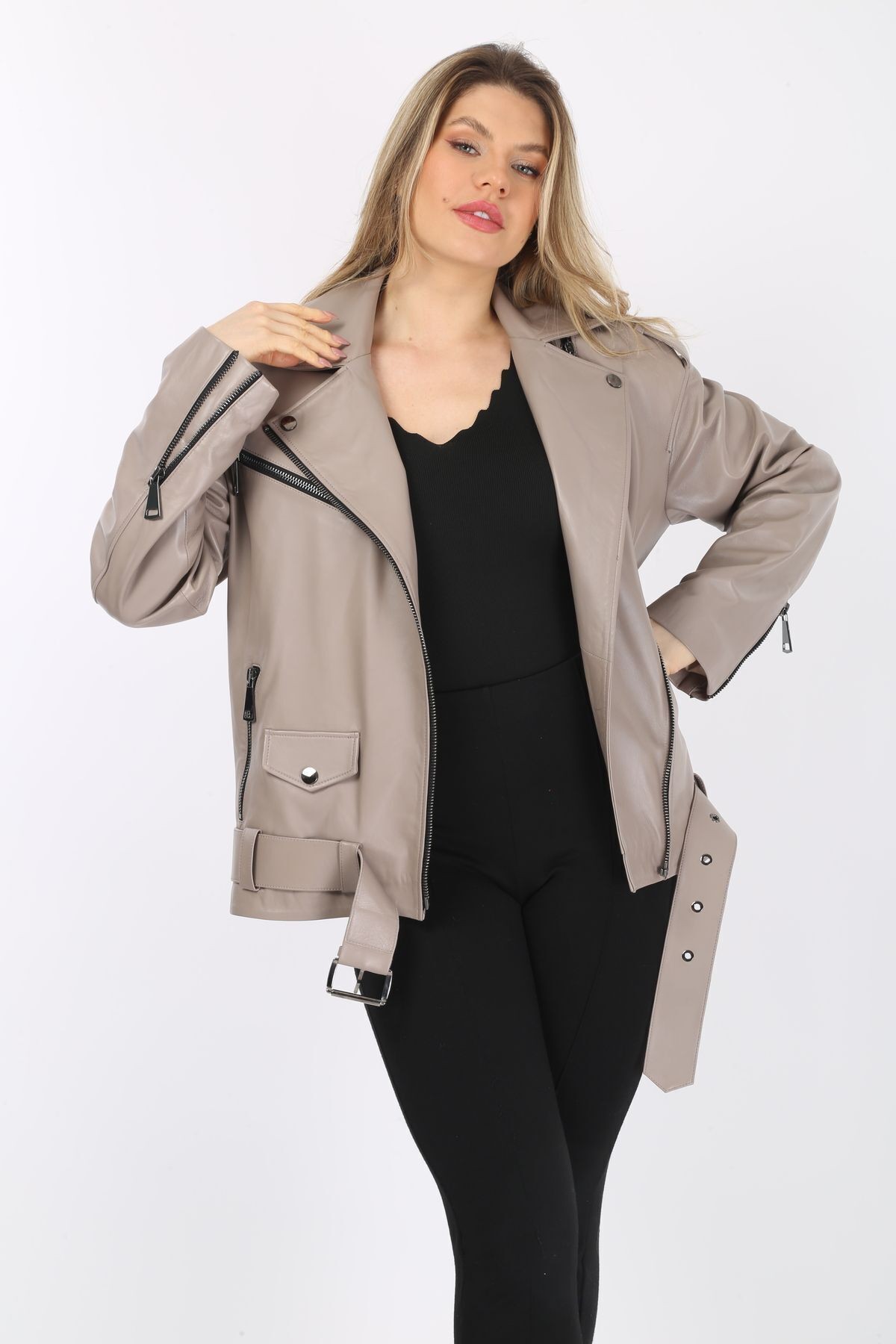 Hakiki Deri Bej Kaban, Kruvaze Yaka, Kadın Deri Ceket, Kemerli Oversize, 70 Cm Uzunluk