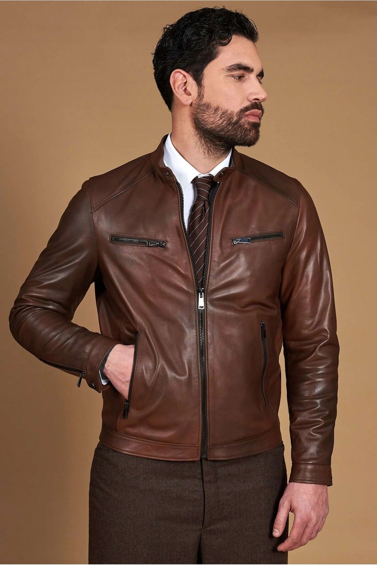 Erkek Hakiki Deri Ceket – Bisiklet Yaka, 6 Cepli, Astarlı, 67 cm, Baharlık - 505422