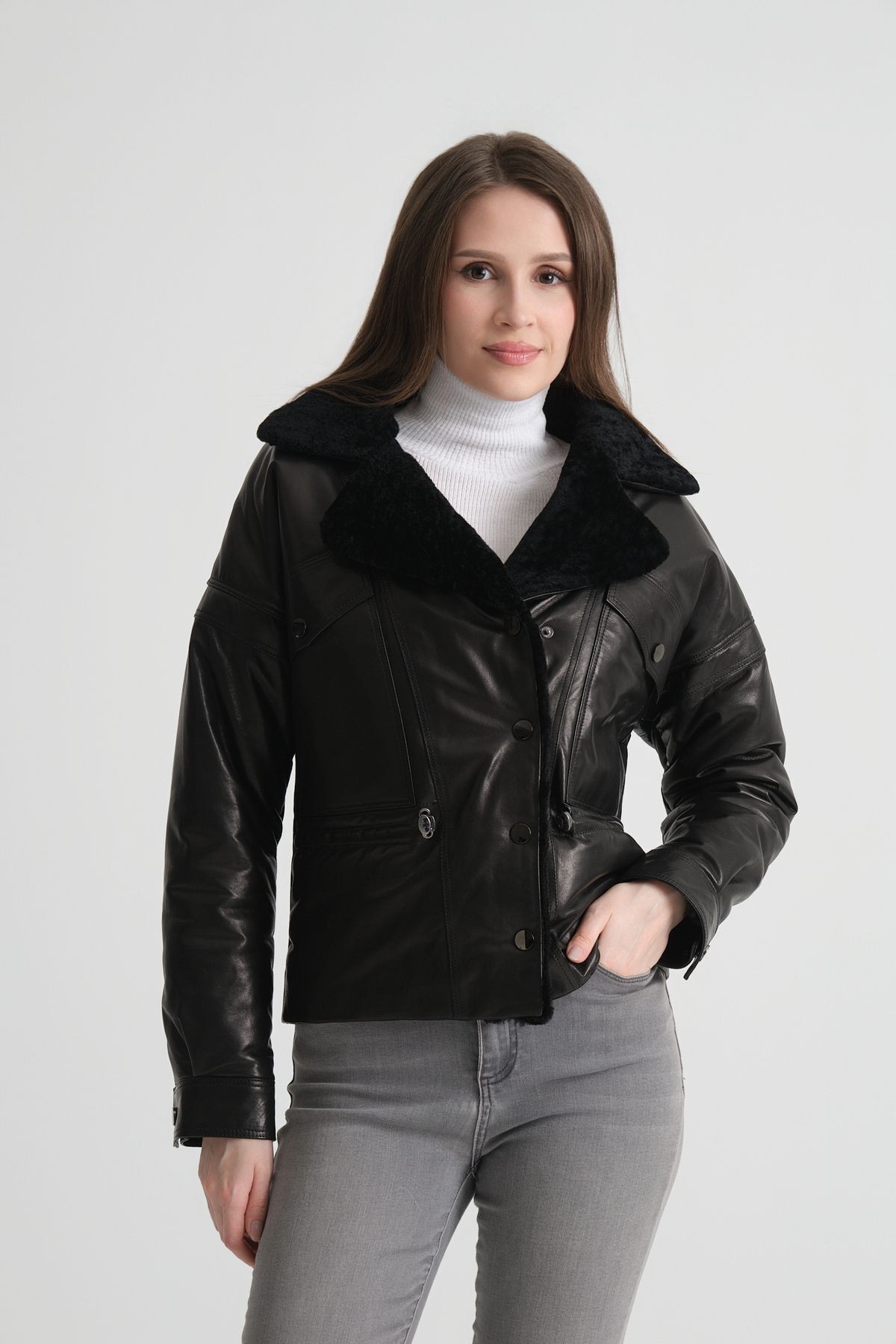 Hakiki Deri Şişme Ceket, Kısa Crop Model, Kürklü Kruvaze Yaka, Kadın Deri Mont, 57 Cm