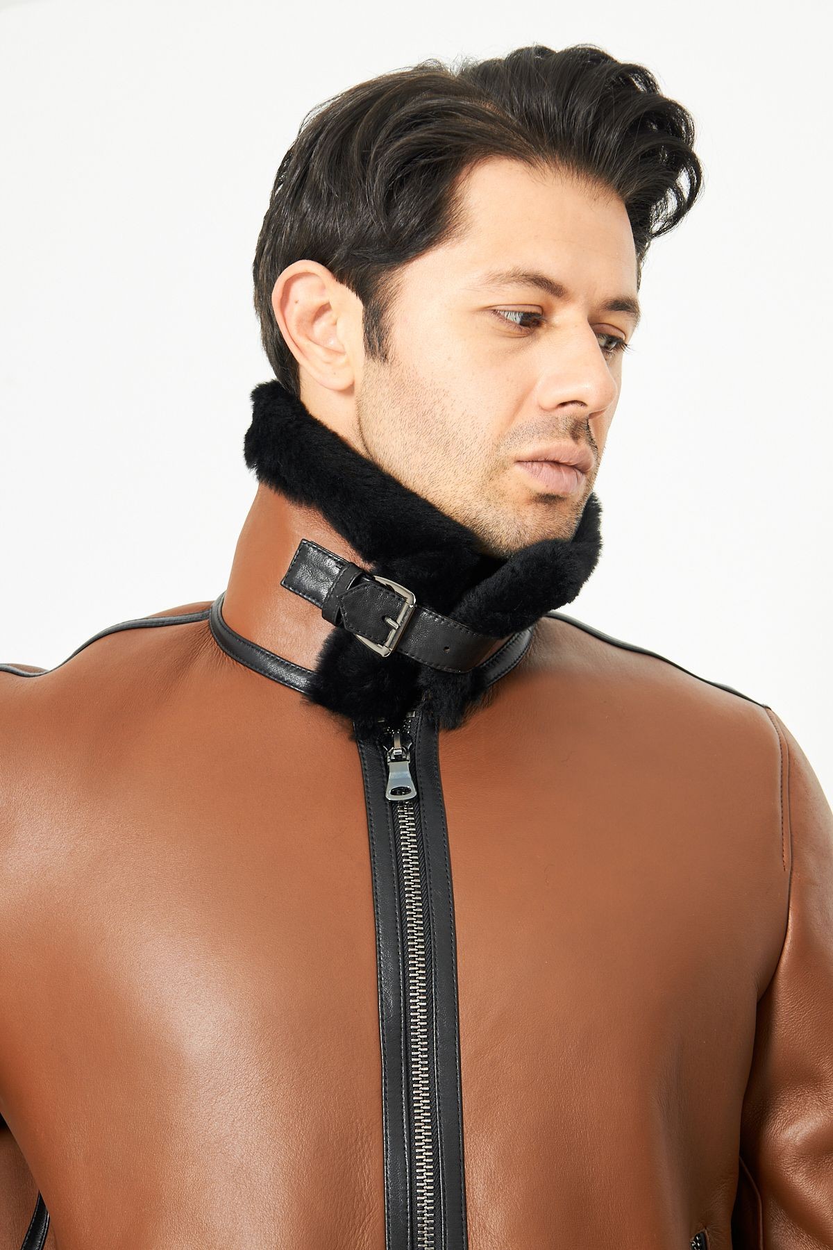 Hakiki Nubuk Deri Pilot Mont - İçi Kürklü, Bomber Yaka - Taba 75 cm  - 500622