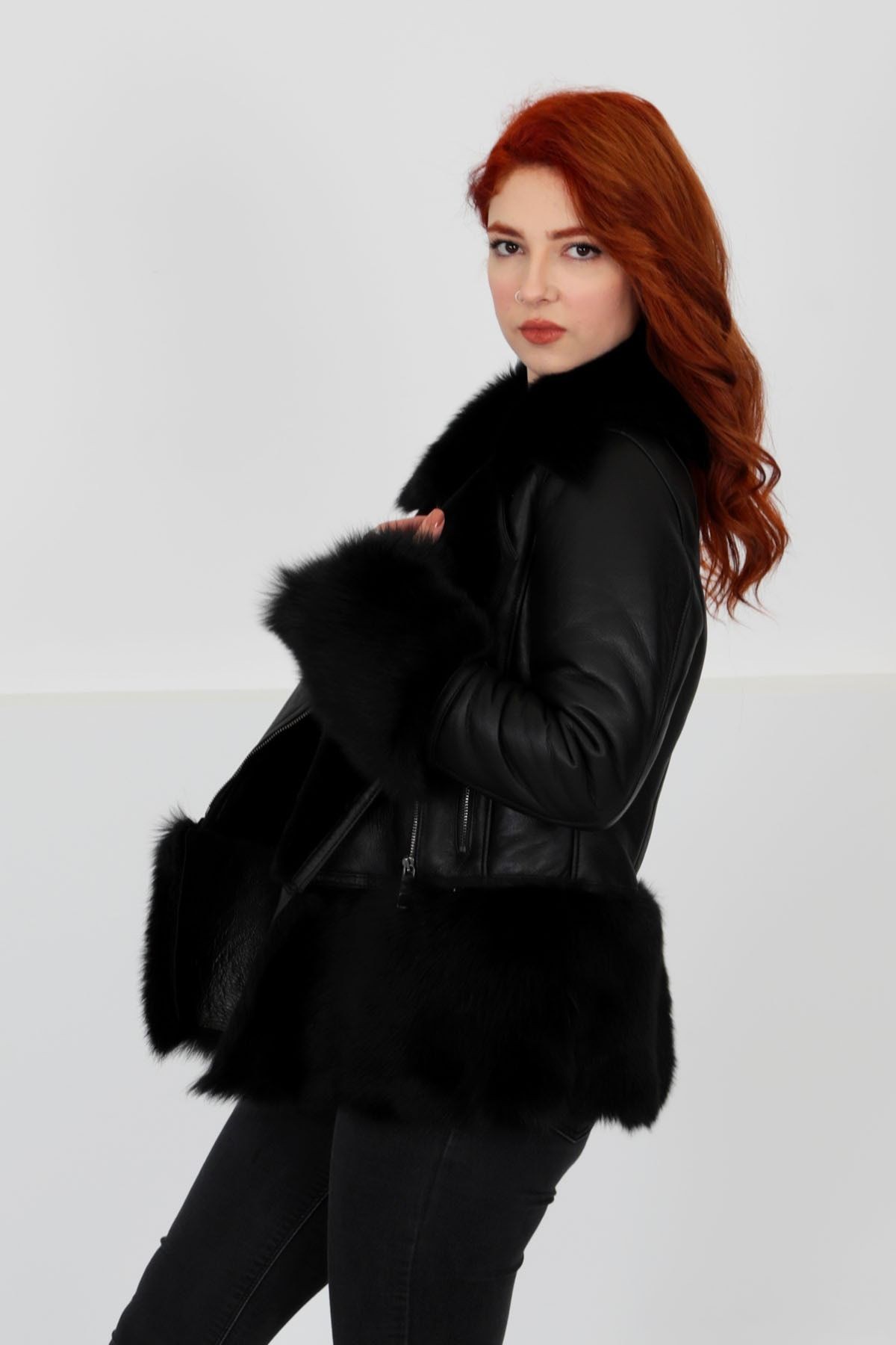 Lux Hakiki Deri Mont, Gösterişli Kürk Yaka/bilek/etek, Su Geçirmez - Siyah Elegant Fur - 103422