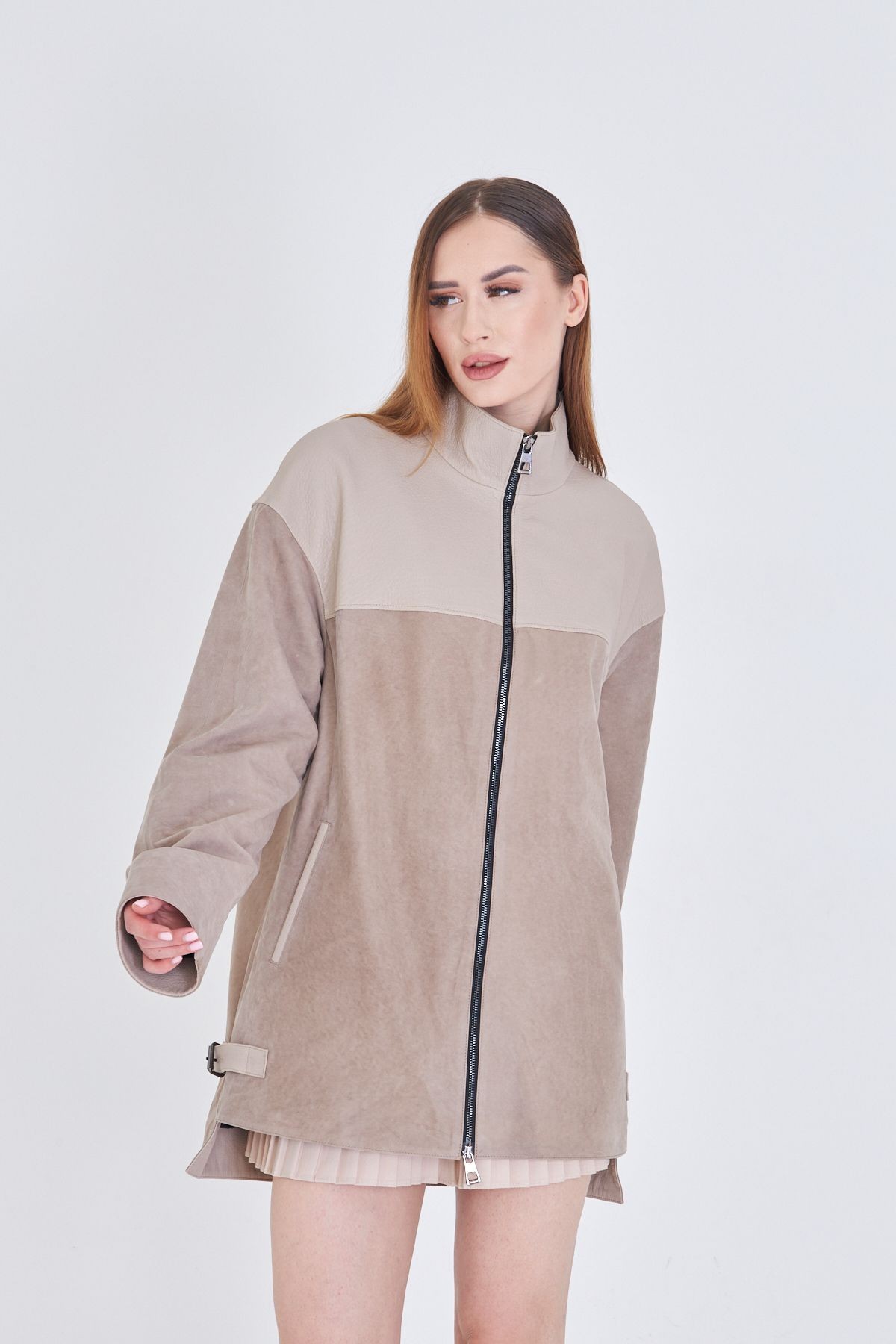Kadın Bej Hakiki Deri Kaban – Jumbo & Süet Karışımı, Oversize Kalıp, Fermuarlı, 80 cm - 105122