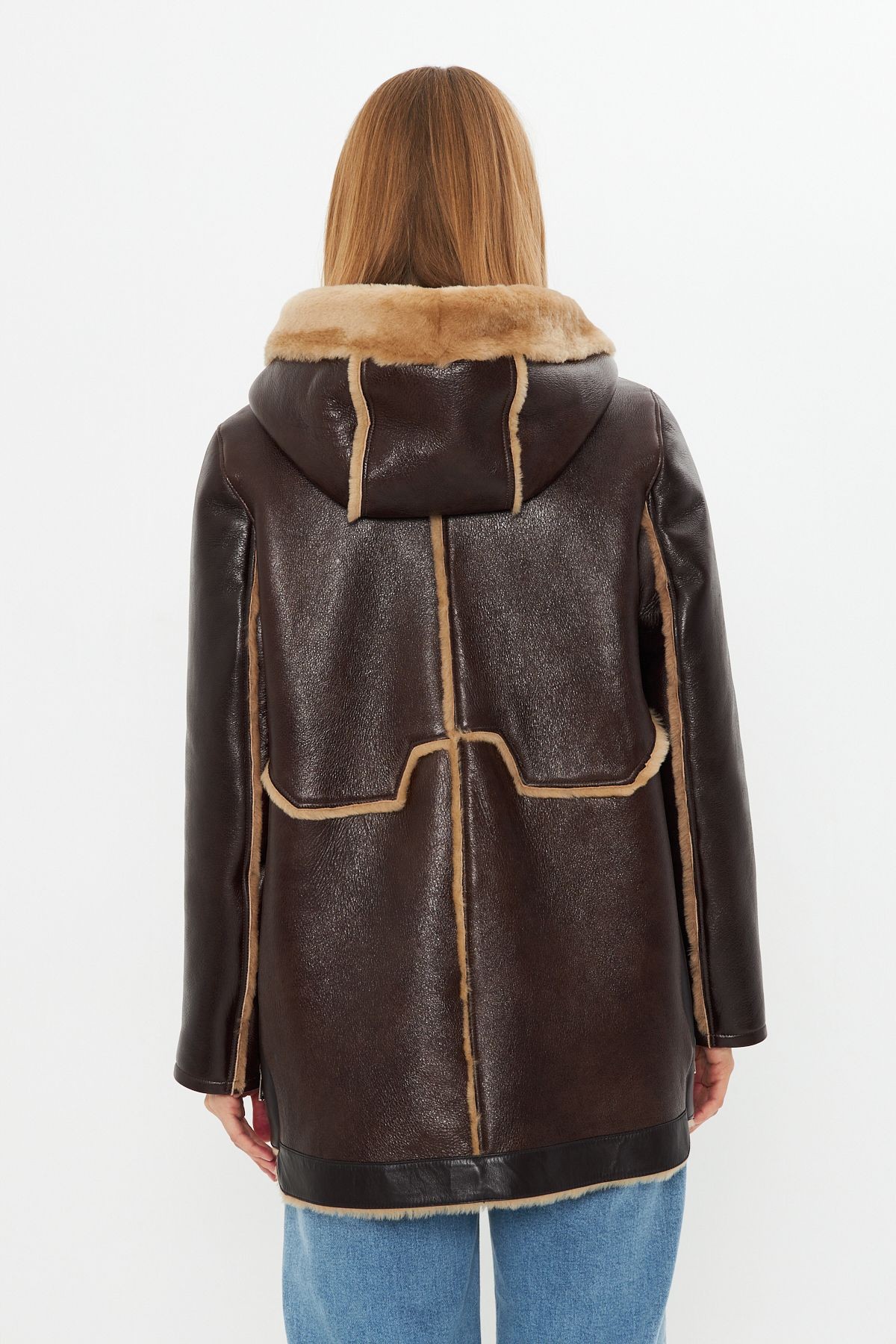 Hakiki Deri Kaban - Kahverengi, İçi Kürklü, Kapüşonlu, Oversize, Fermuarlı, 80 cm - 109922