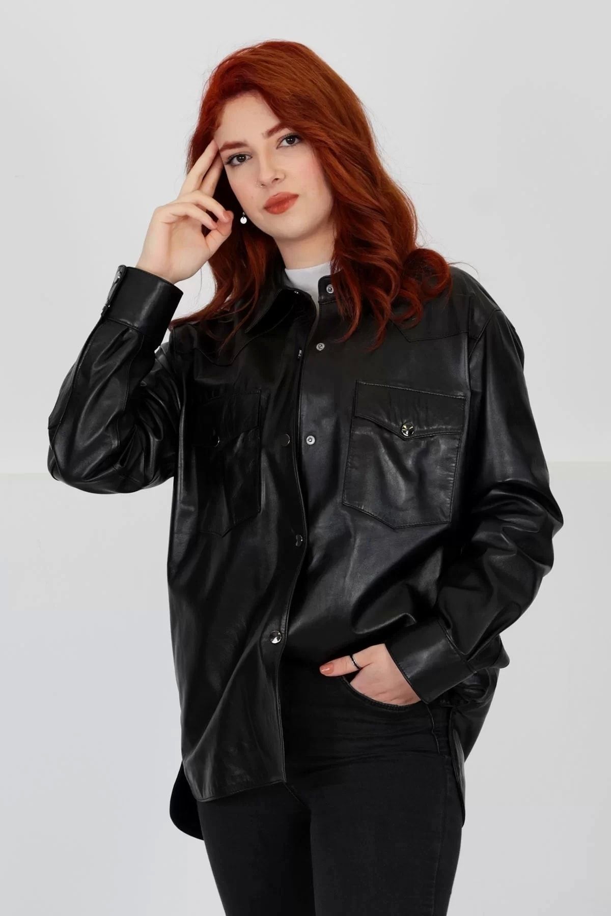 Hakiki Deri Kadın Gömlek - Oversize, Çıtçıt Kapamalı, Siyah - 102322