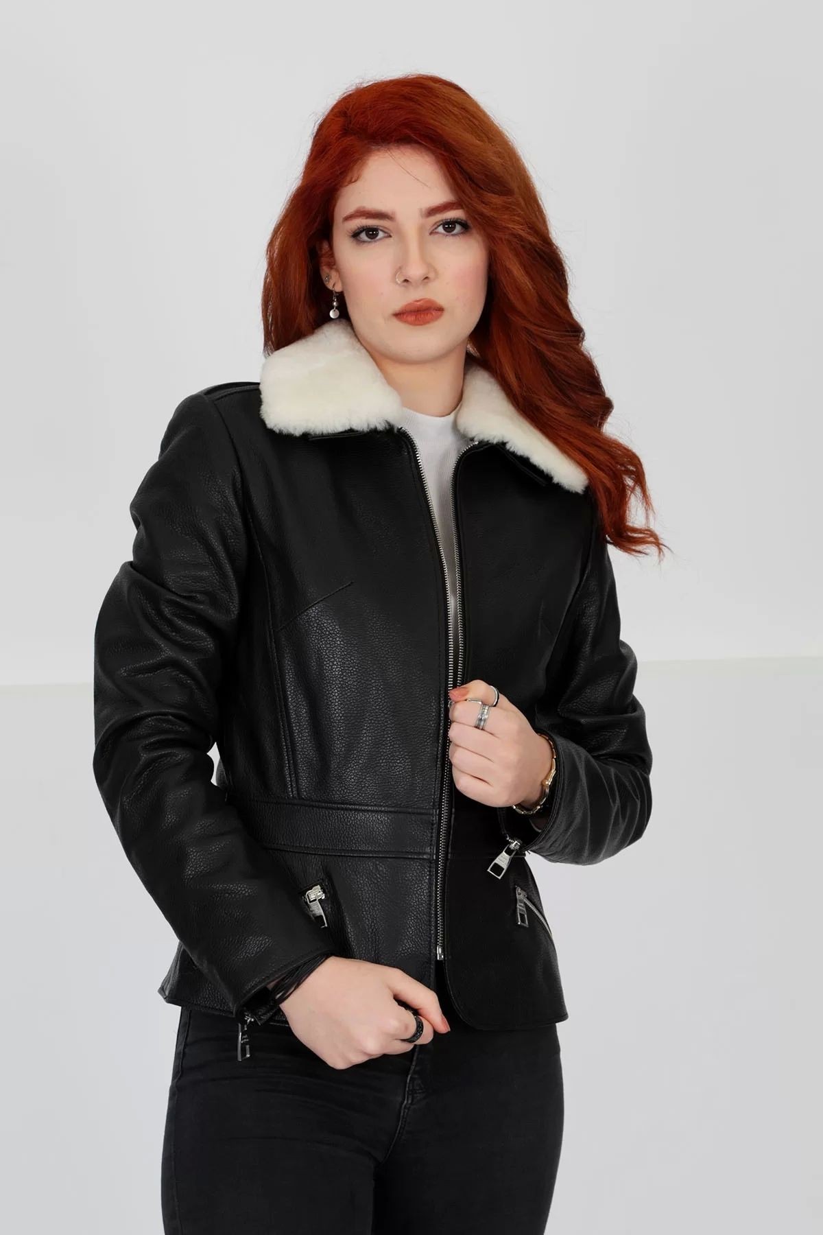 Hakiki Derisi, Beyaz Kürk Yakalı, Kadın Deri Ceket, Lux, Fit Kalıp - 102022