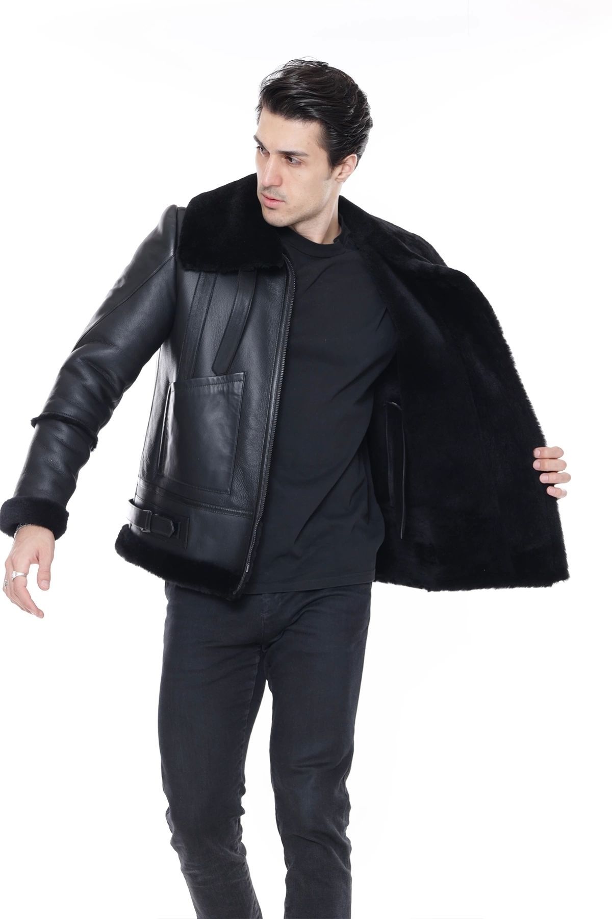 Erkek Hakiki Deri Mont, Balıkçı Yaka, Siyah Kürklü, Fermuar Kapamalı, Oversize Model - 500422