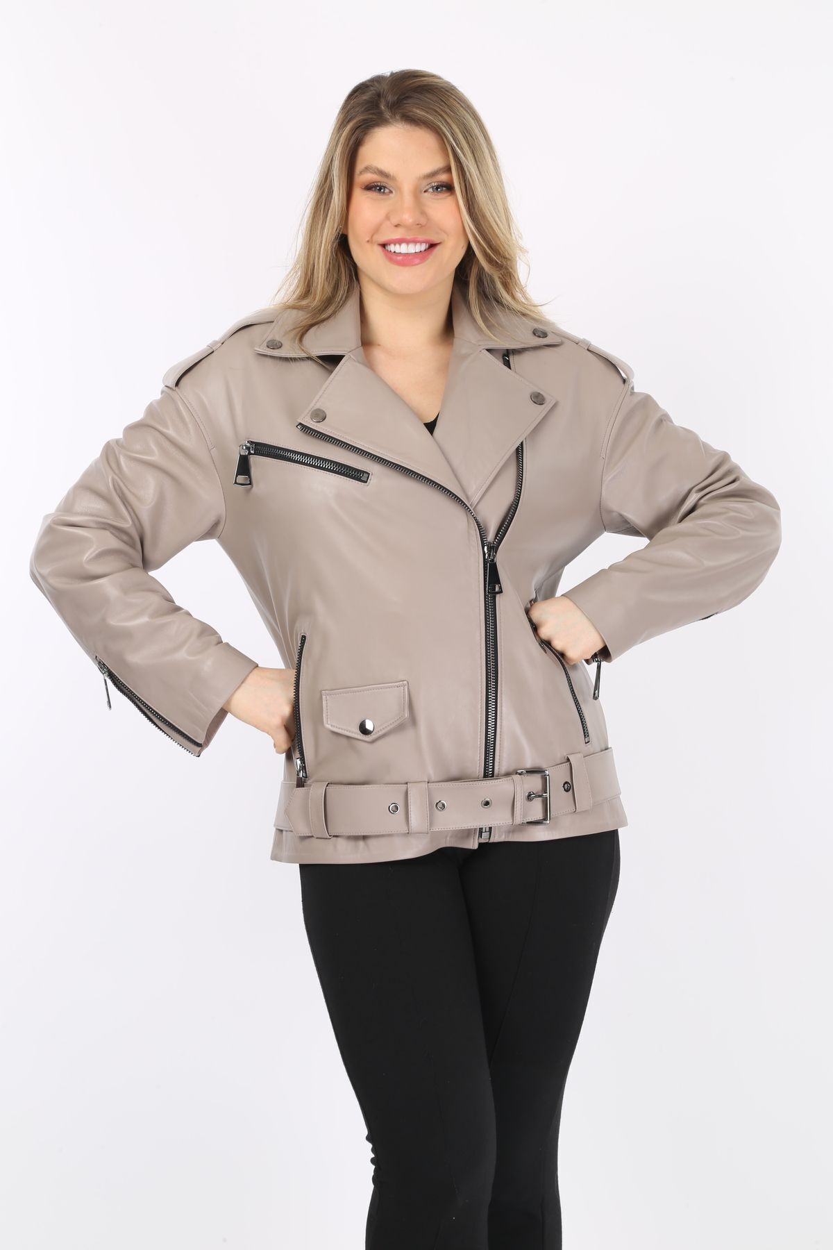 Hakiki Deri Bej Kaban, Kruvaze Yaka, Kadın Deri Ceket, Kemerli Oversize, 70 Cm Uzunluk