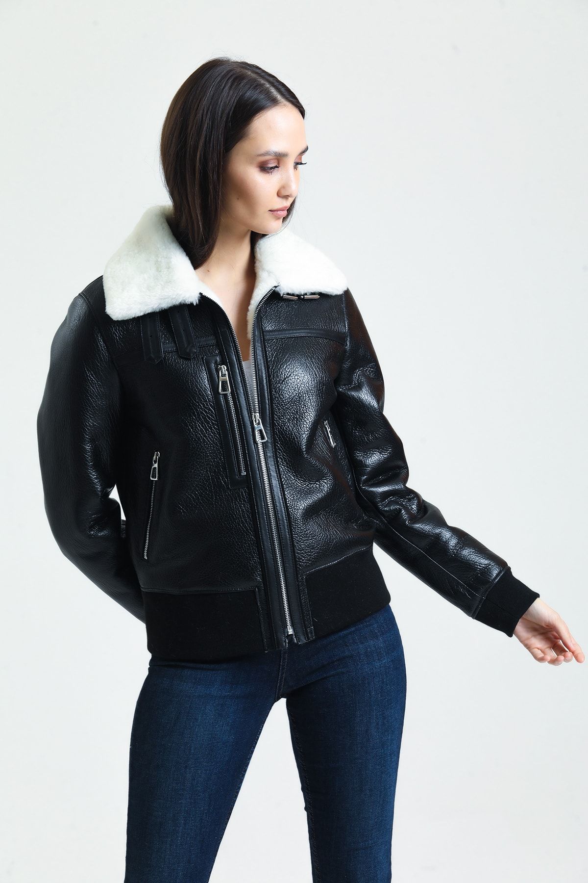 Siyah Hakiki Kürk Mont, Içi Kürklü, Beyaz Kürklü, Kadın Kruvaze Lux Ceket - 110022