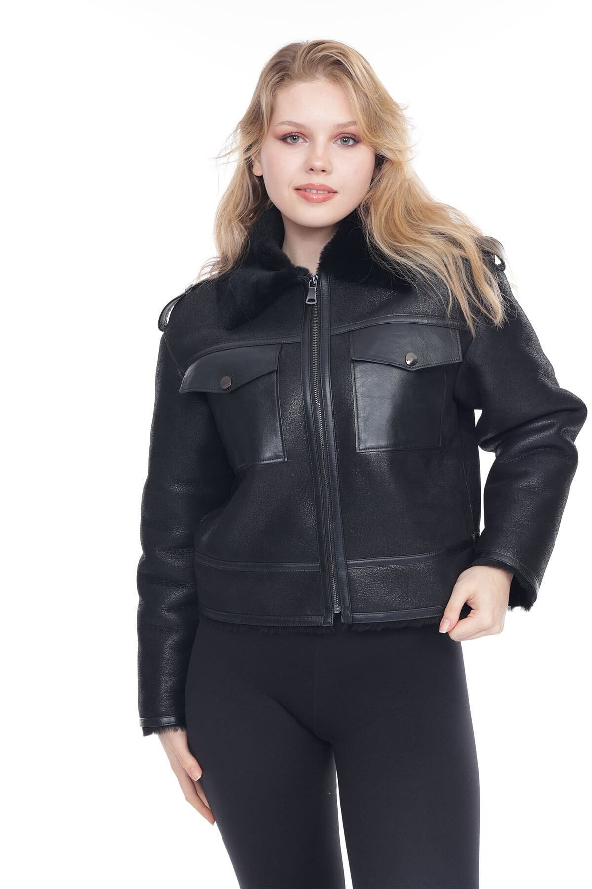 Siyah Kadın Hakiki Deri Ceket, Gömlek Yaka, Içi Kürklü, Crop Model, 57 Cm - 109522