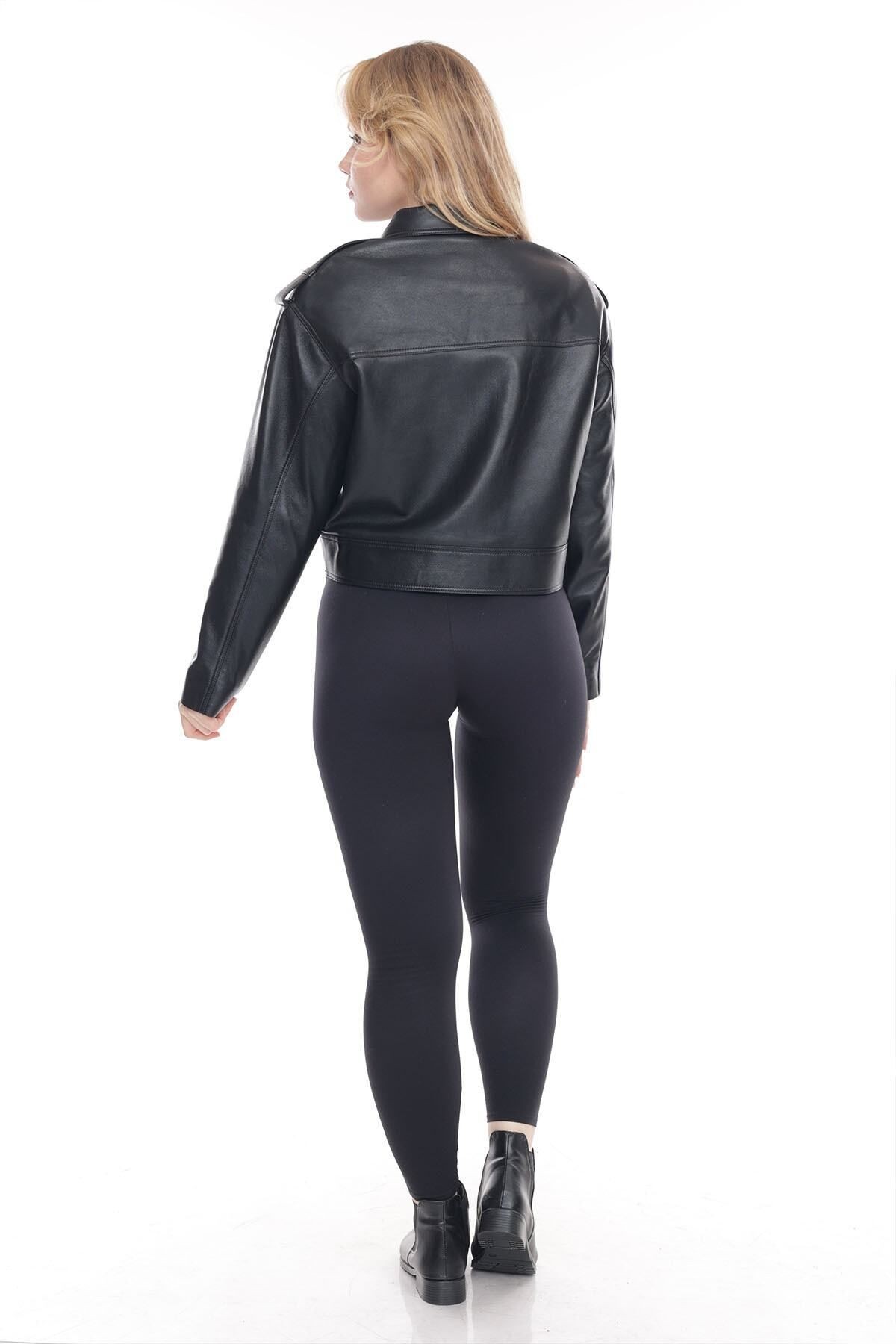 Kadın Hakiki Deri Ceket, Gömlek Yaka, Fit Kesim, Crop Model, 1. Sınıf Kalite - 109822