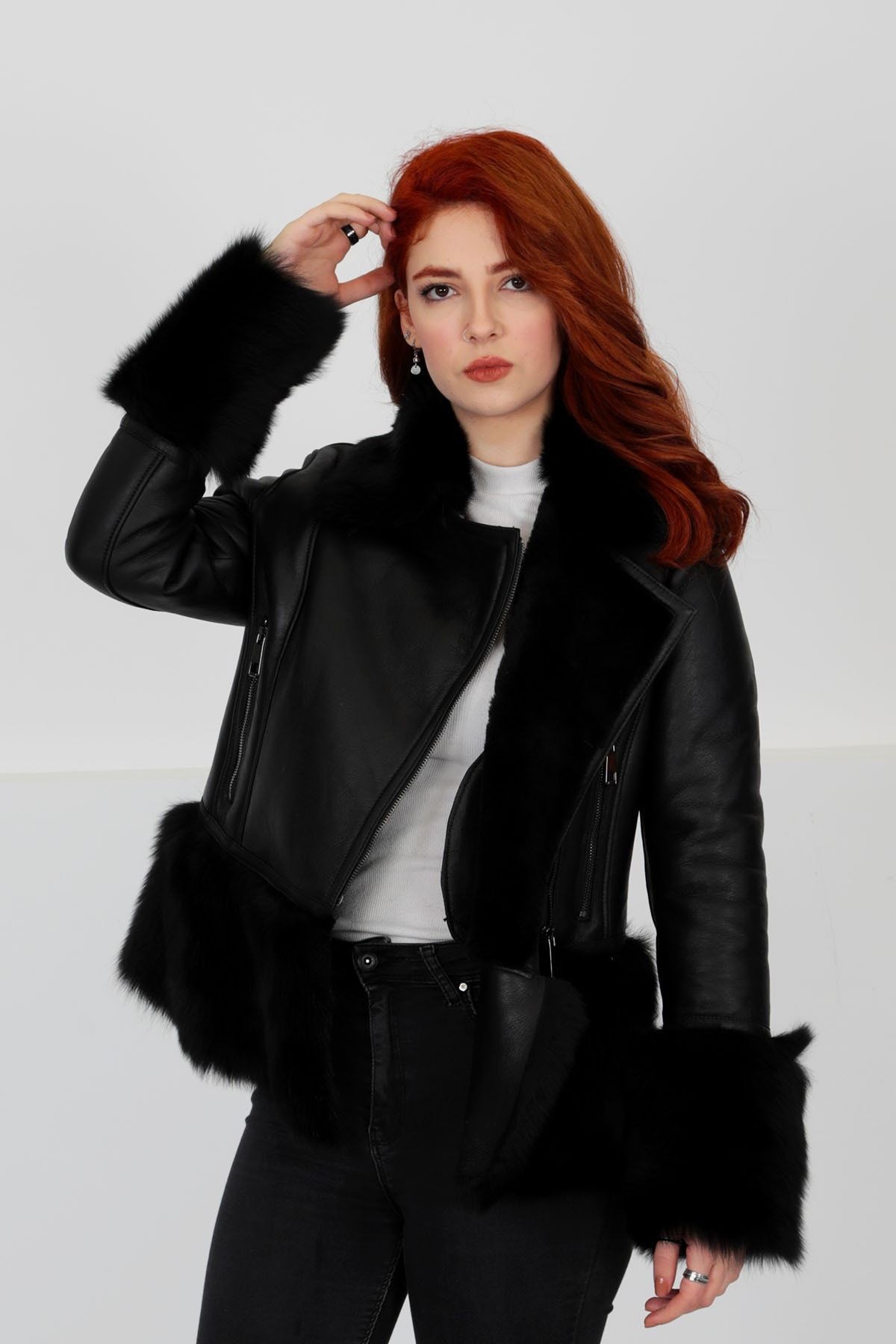 Lux Hakiki Deri Mont, Gösterişli Kürk Yaka/bilek/etek, Su Geçirmez - Siyah Elegant Fur - 103422