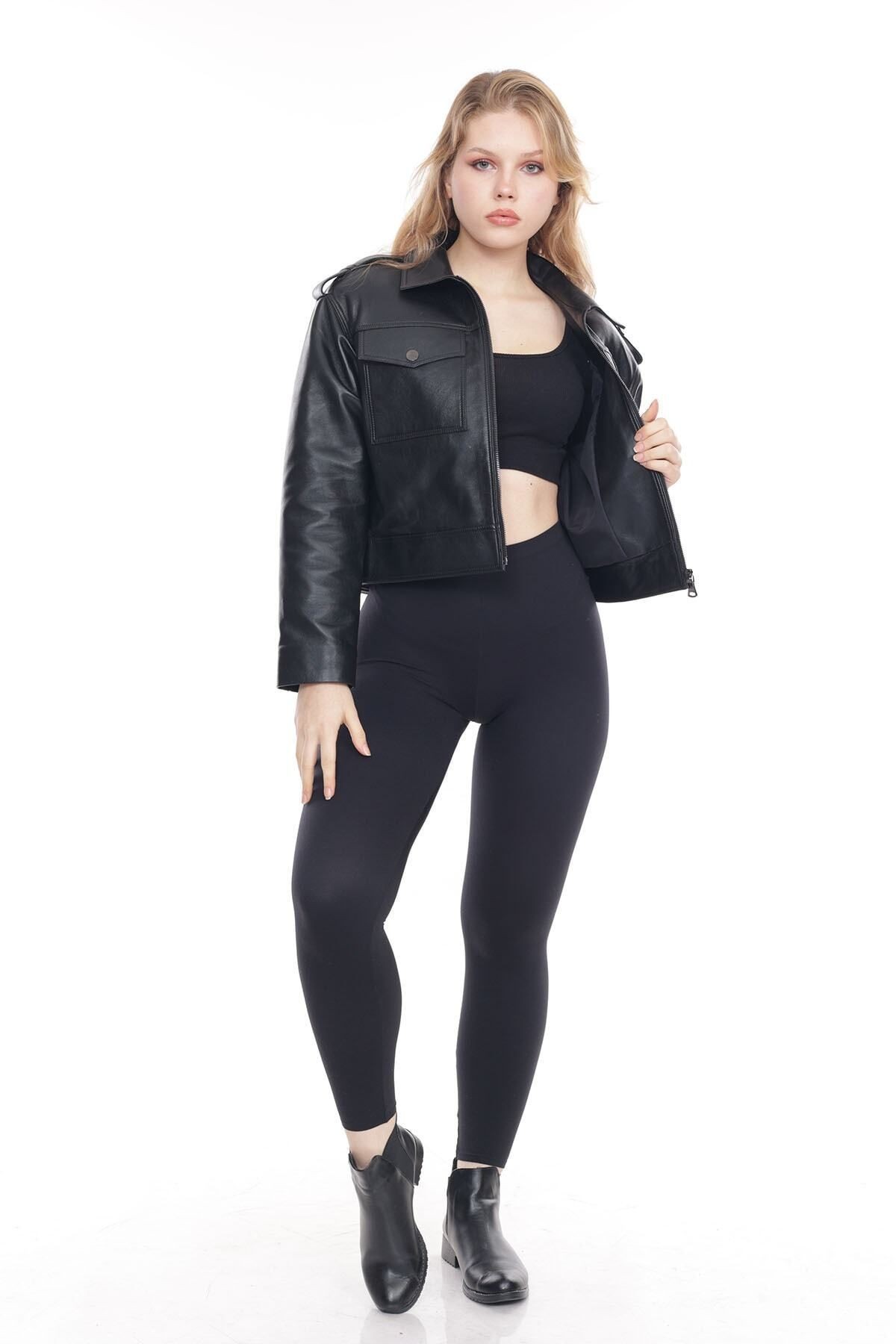 Kadın Hakiki Deri Ceket, Gömlek Yaka, Fit Kesim, Crop Model, 1. Sınıf Kalite - 109822