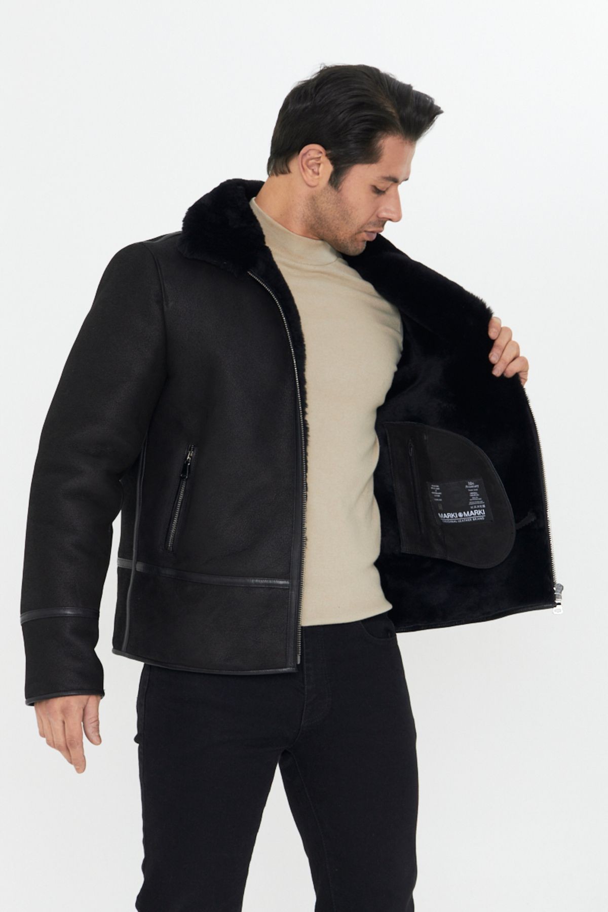 Hakiki Nubuk Deri Erkek Mont - 73 cm, İçi Kürklü, Klasik Model, Siyah - 502122