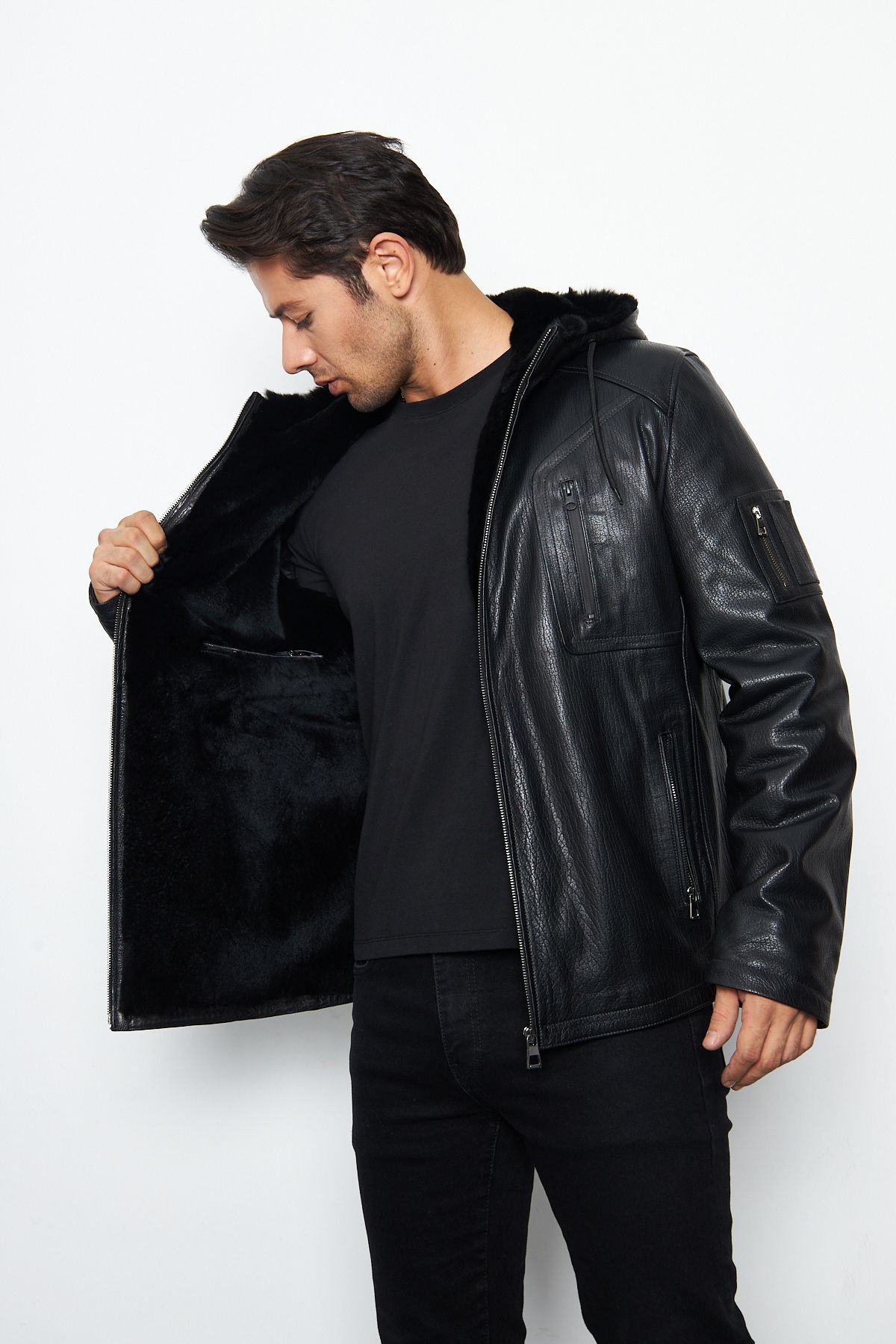Erkek Siyah Deri Kaban - Hakiki Deri, Kürk Astar, Fermuarlı ve Çıtçıtlı, Kapüşonlu, Vintage Stil