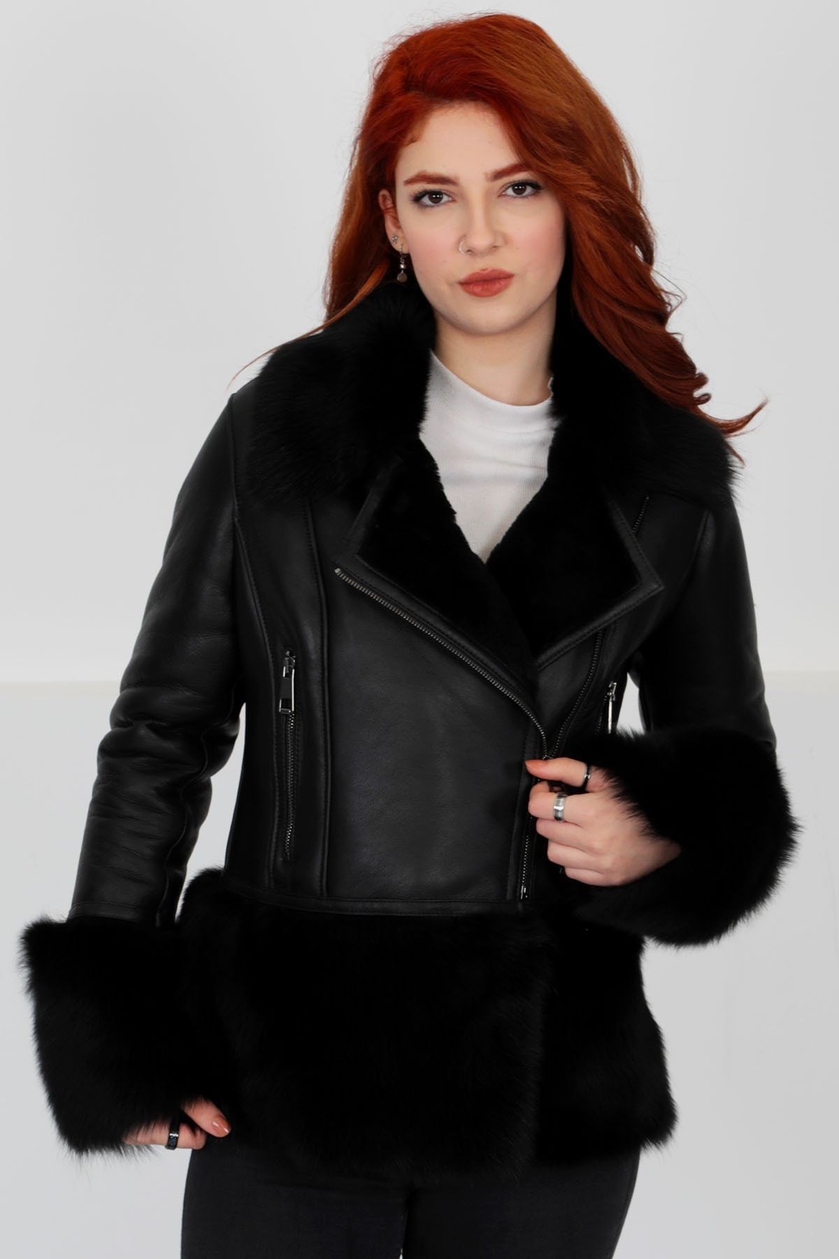 Lux Hakiki Deri Mont, Gösterişli Kürk Yaka/bilek/etek, Su Geçirmez - Siyah Elegant Fur - 103422