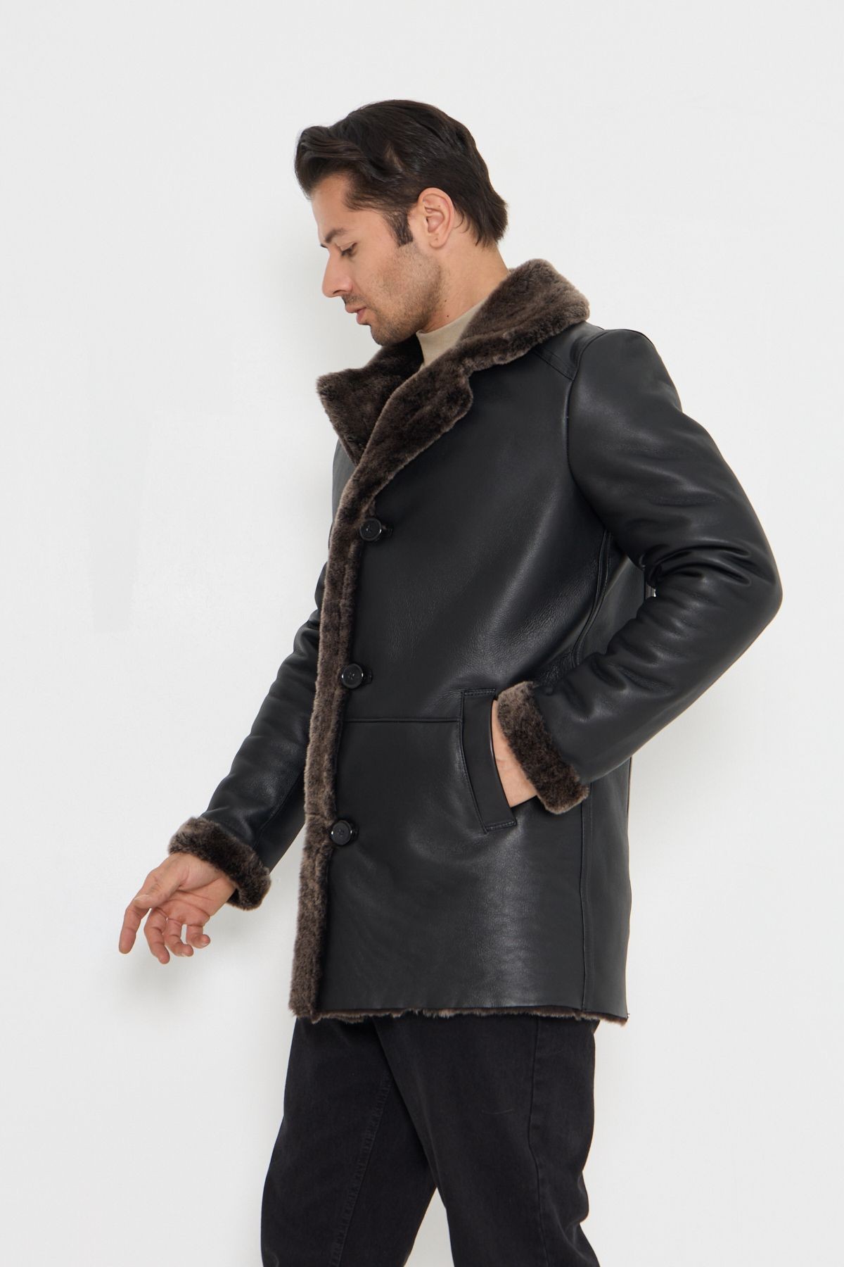 Erkek Hakiki Deri Kaban - Siyah, Gri Doğal Kürklü, Düğme Kapamalı, 85 Cm - 501922