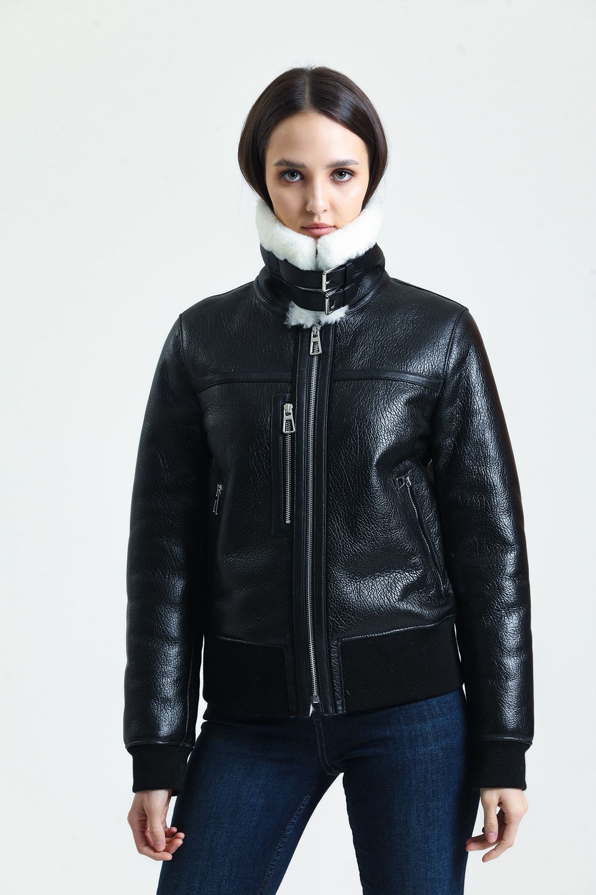 Siyah Hakiki Kürk Mont, Içi Kürklü, Beyaz Kürklü, Kadın Kruvaze Lux Ceket - 110022