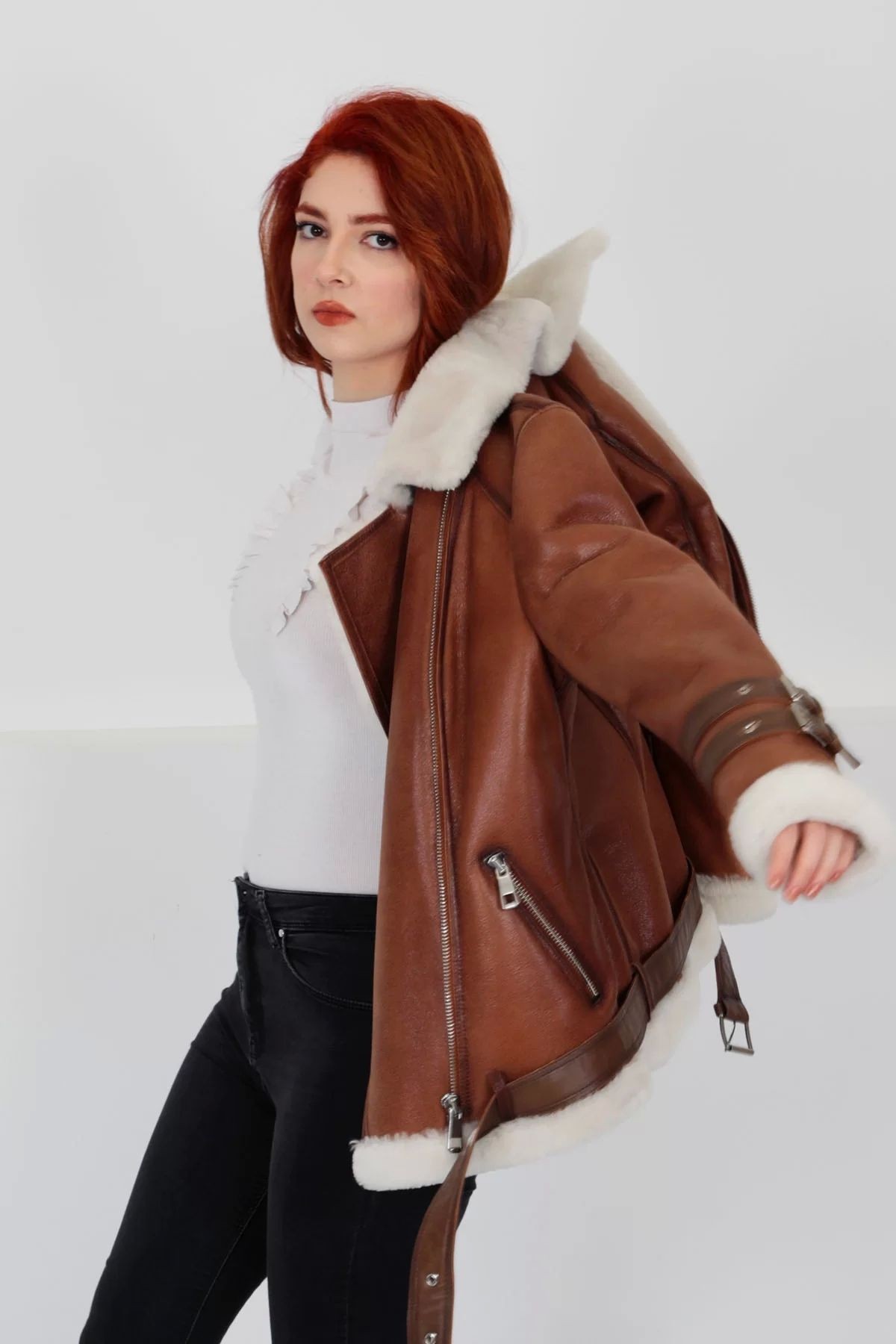 Hakiki Deri Kaban, Içi Kürklü, Kemerli, Kollarda Kemer Detaylı, Taba, 70 Cm - 102622
