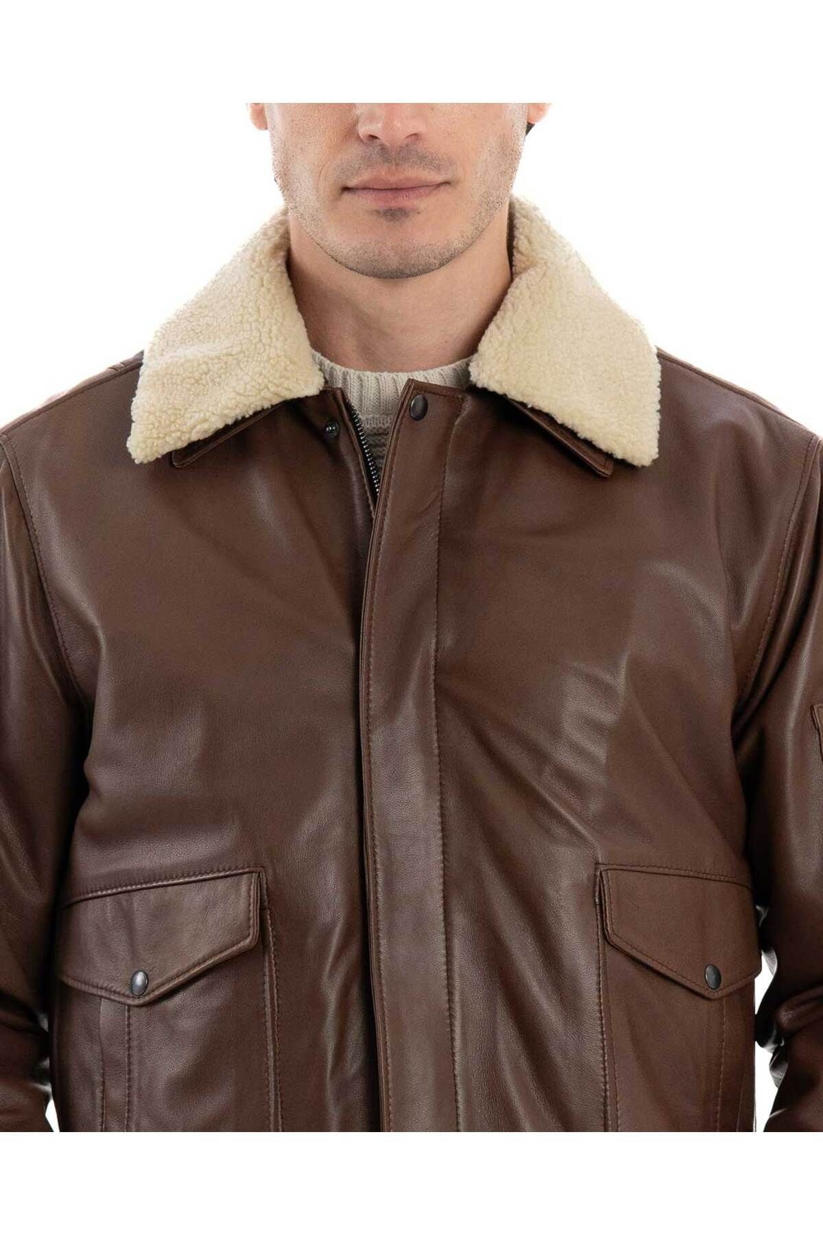 Deri Pilot Mont - Kahverengi, Beyaz Kürklü Yaka, Çıkma Kürk, Fermuarlı - 503022