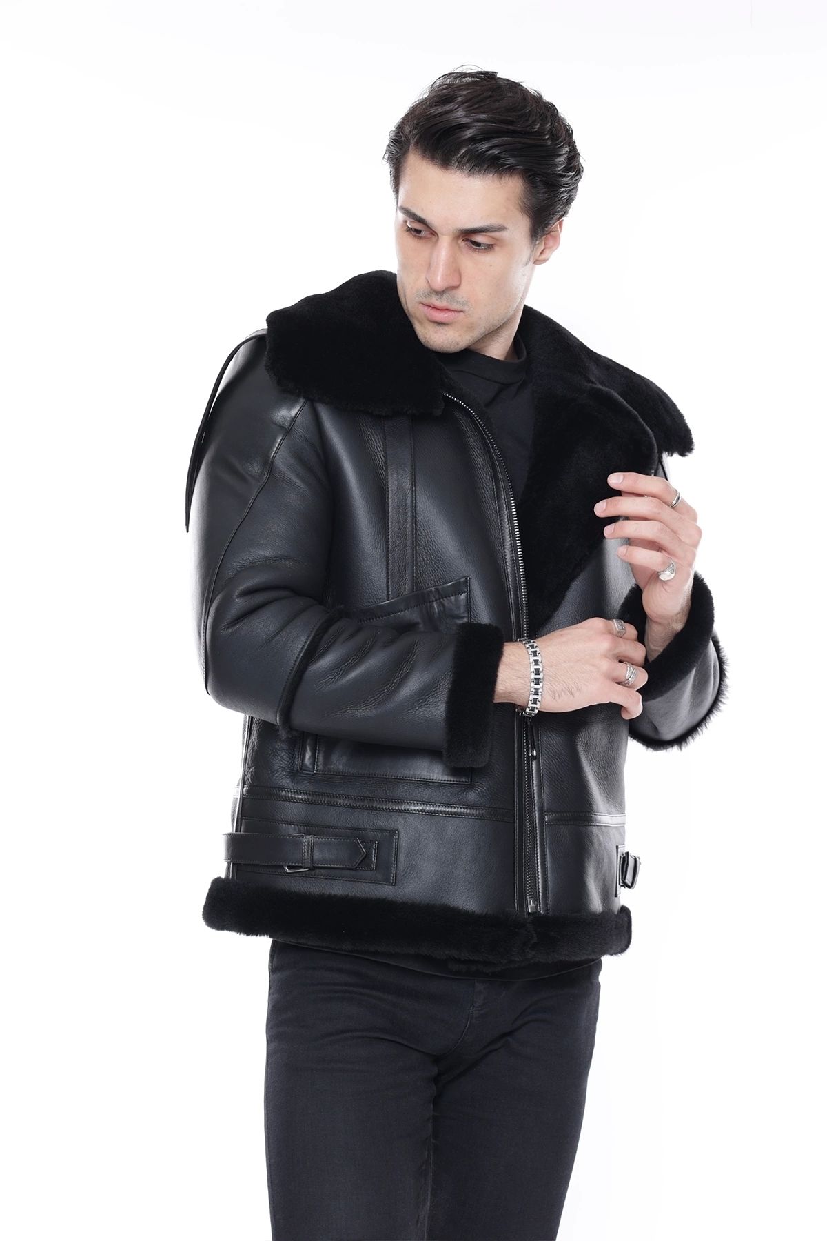 Erkek Hakiki Deri Mont, Balıkçı Yaka, Siyah Kürklü, Fermuar Kapamalı, Oversize Model - 500422