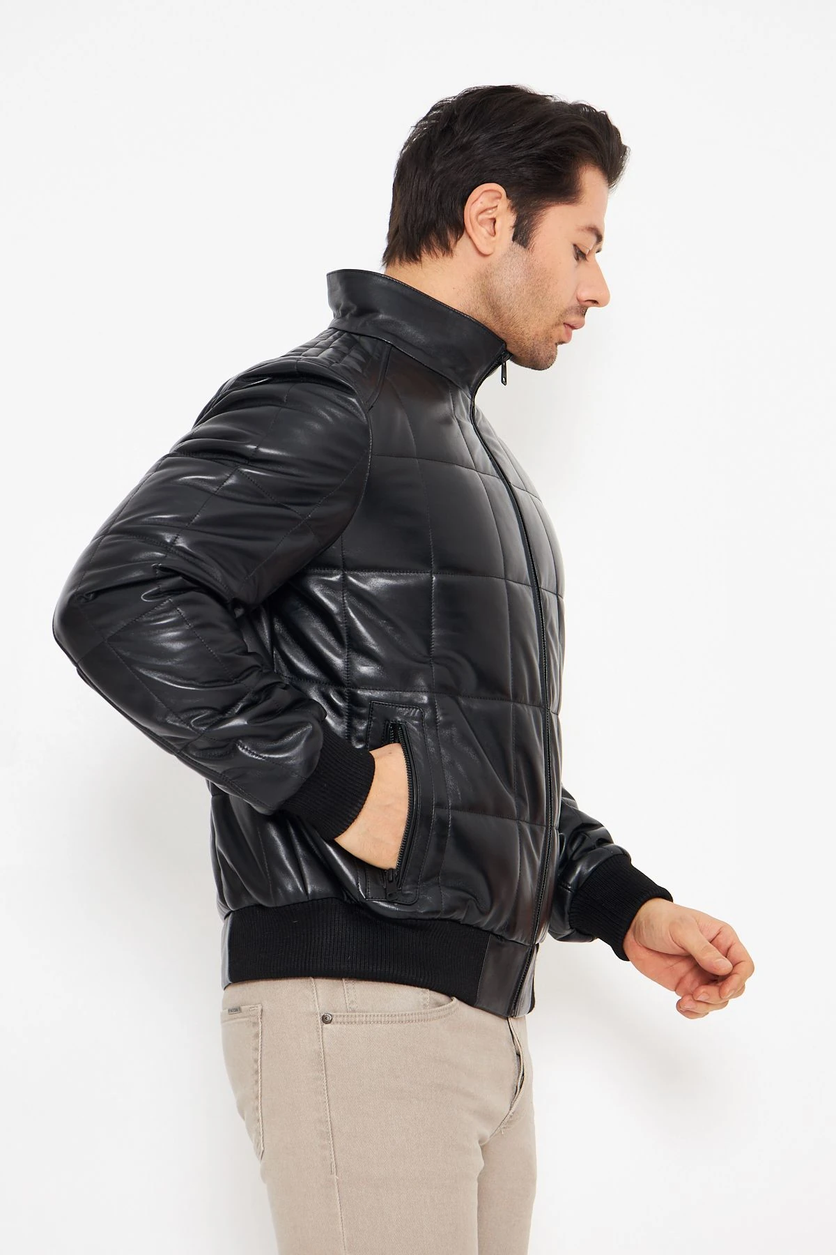 Erkek Hakiki Deri Şişme Mont - Siyah, 70 cm, Hakim Yaka, Fermuarlı, Soğuk Havaya Dayanıklı - 503622