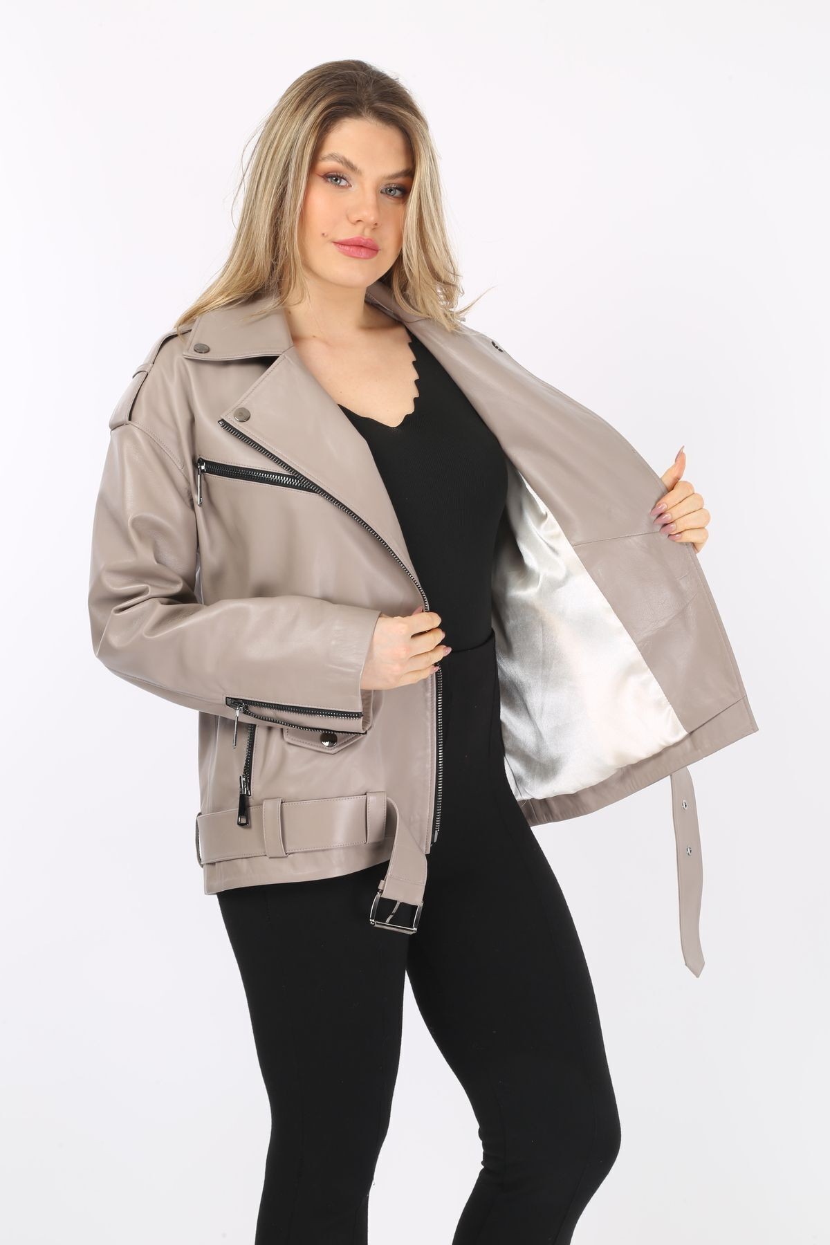 Hakiki Deri Bej Kaban, Kruvaze Yaka, Kadın Deri Ceket, Kemerli Oversize, 70 Cm Uzunluk