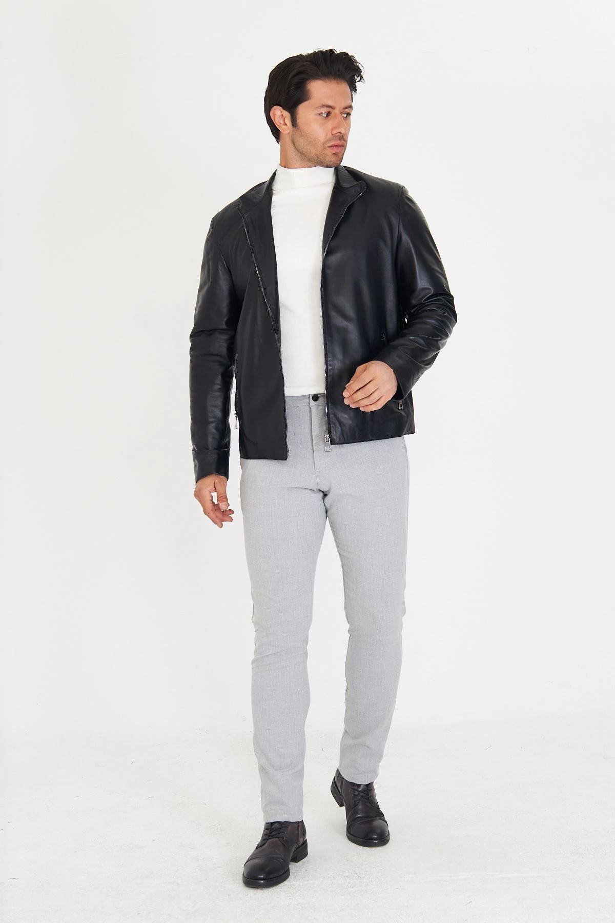 Erkek Hakiki Deri Ceket – Siyah, Dik Yaka, Fermuarlı, Astarlı, 70 cm - 506322