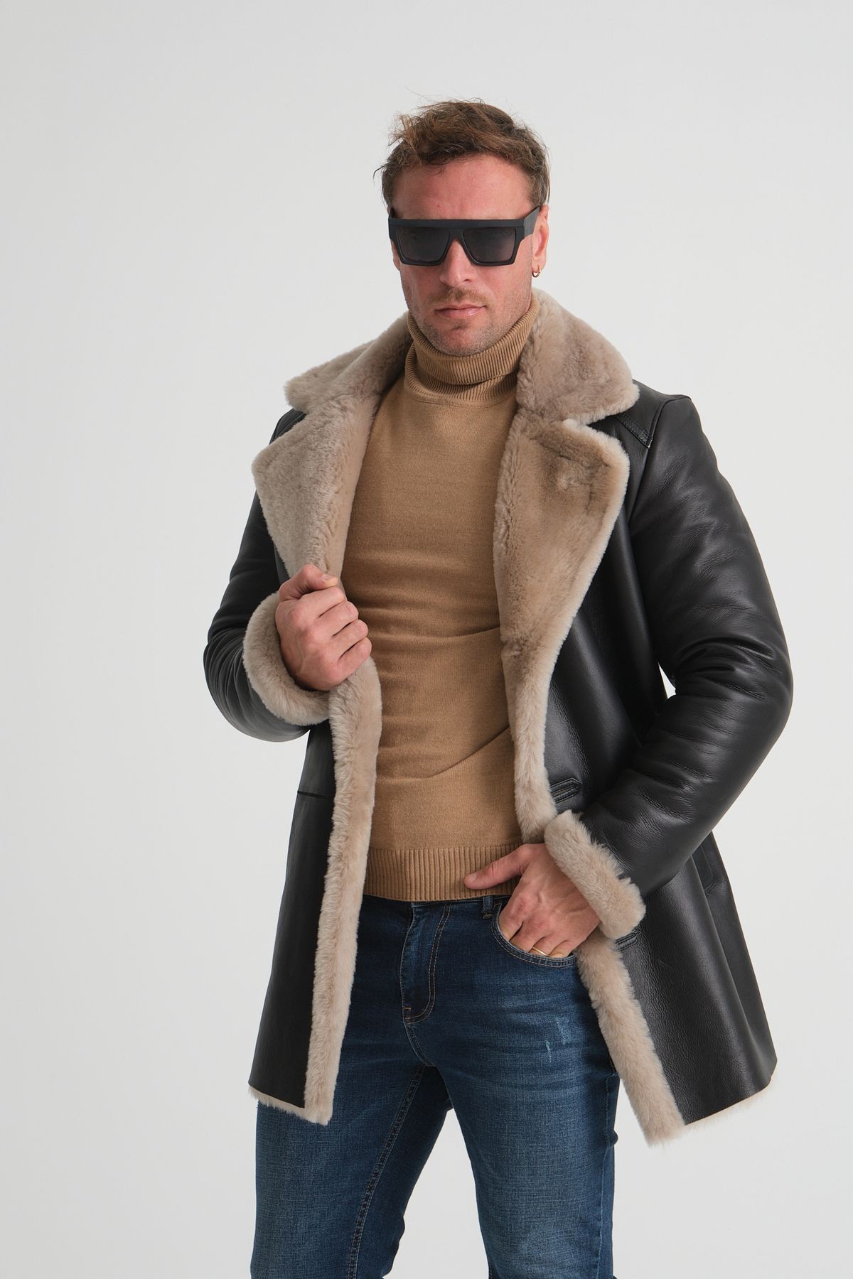 Lüks Erkek Deri Kaban, 90 cm Uzunluk, Hakiki Kürk Yaka, Premium Siyah Dış Yüzey - 500522