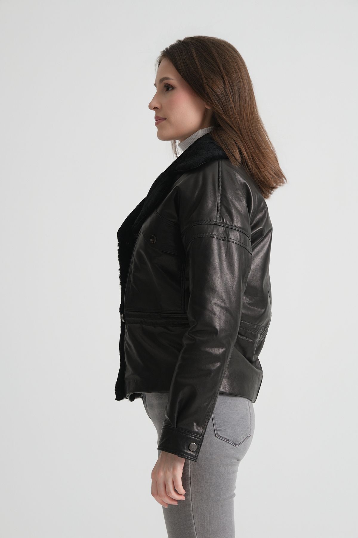 Hakiki Deri Şişme Ceket, Kısa Crop Model, Kürklü Kruvaze Yaka, Kadın Deri Mont, 57 Cm