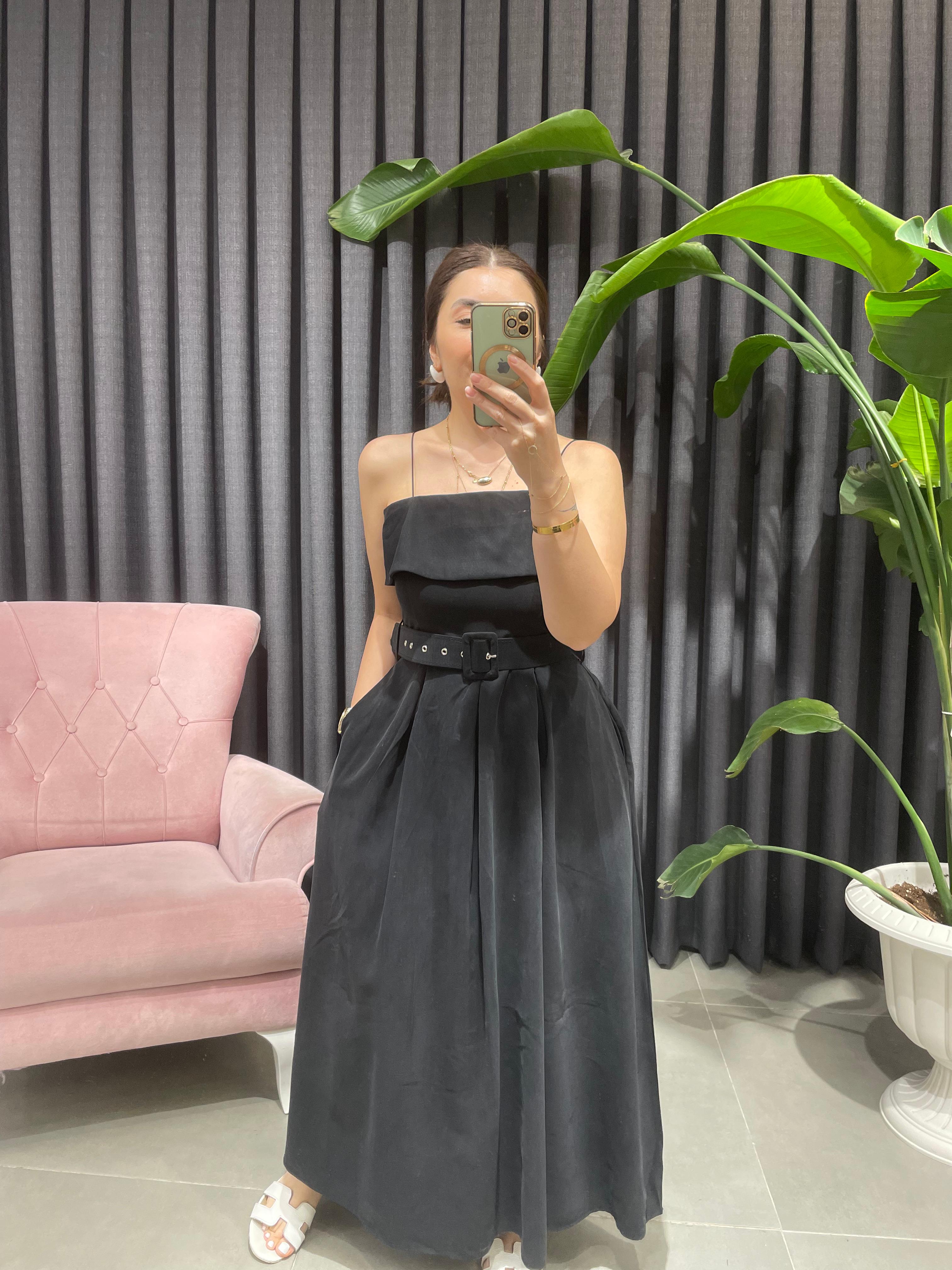 Askılı Beli Kemer Detaylı Elbise