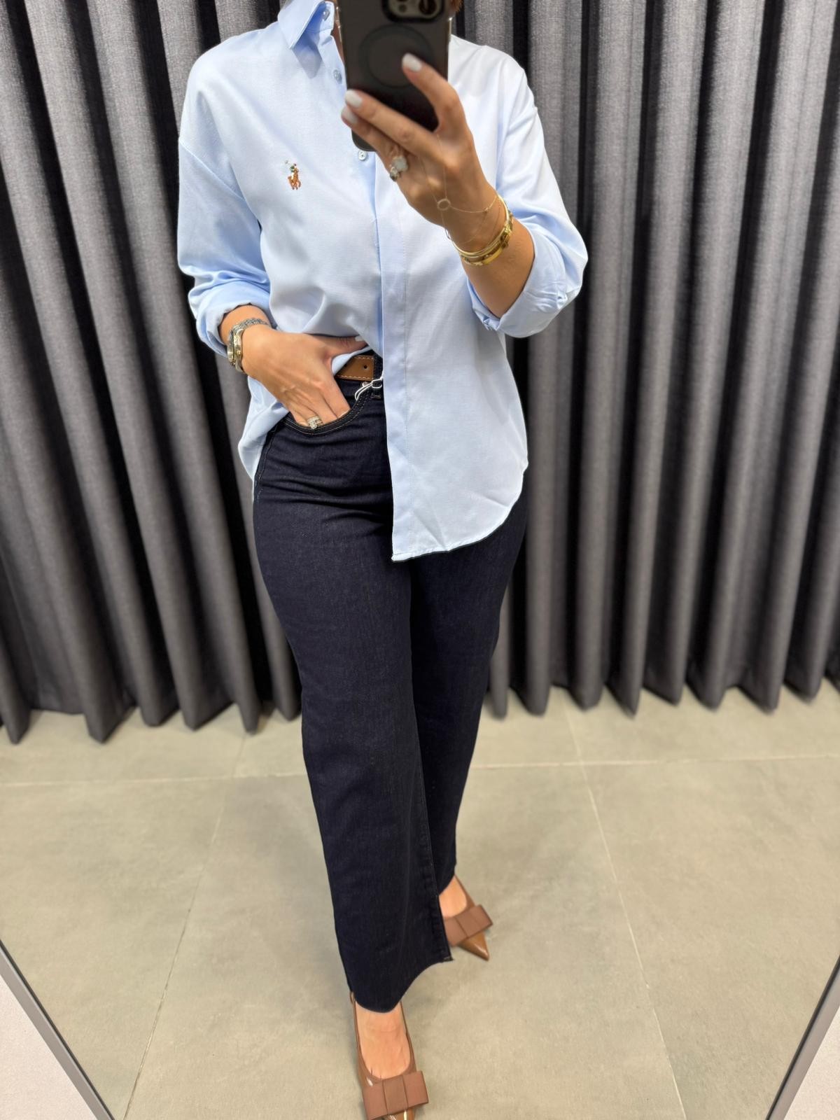 Lacivert Momfit Kemer Detaylı Likralı Jean