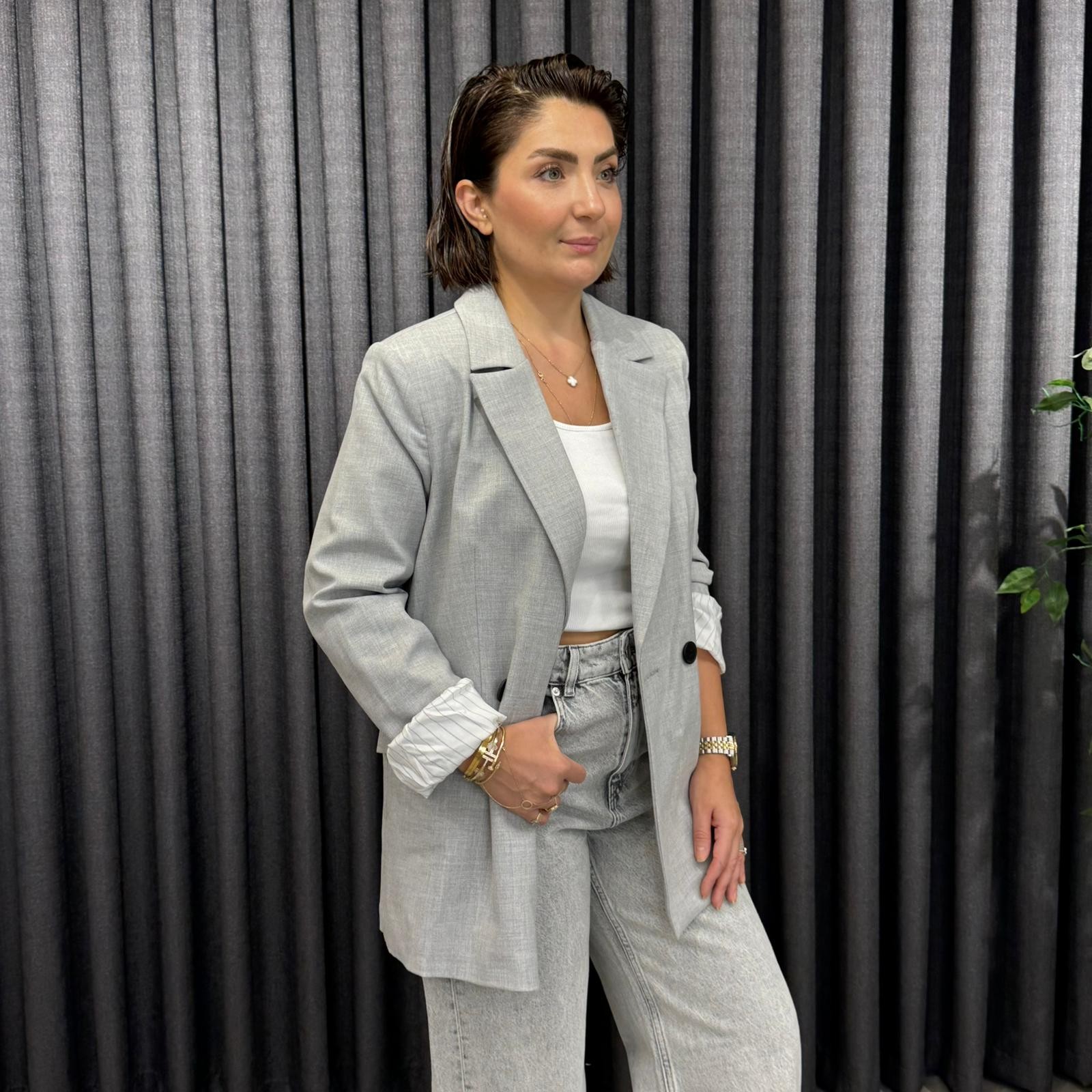 Orjinal Marka Gri İçi Çizgili Astarlı Ceket