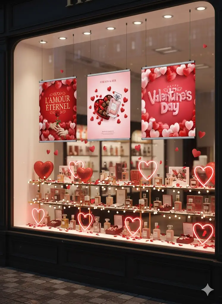 Vitrin poster tutucuları ile dikkat çeken sevgililer günü konsepti