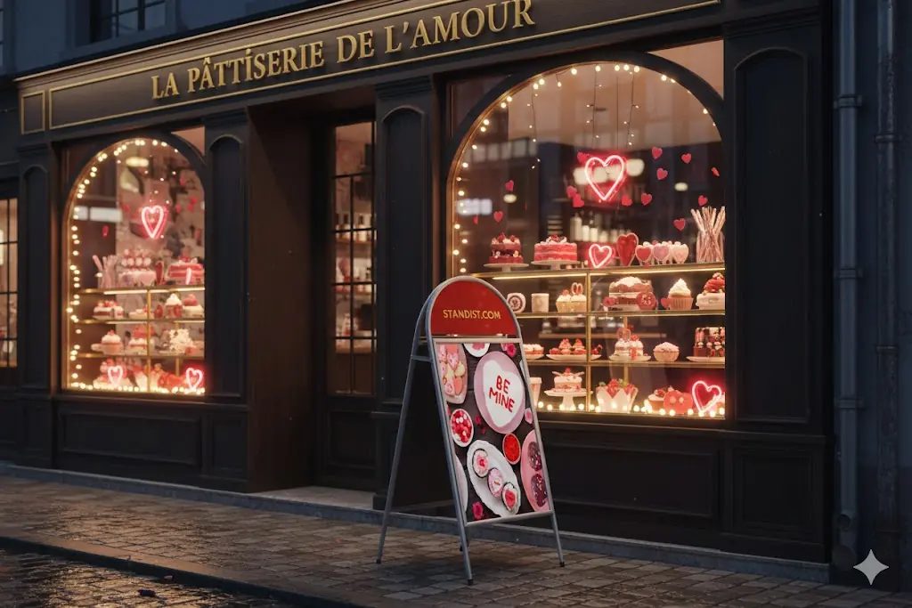 Sevgililer Günü konseptiyle tasarlanan kaldırım panosu, vitrini sokağa taşıyarak markanın görünürlüğünü güçlendirir.