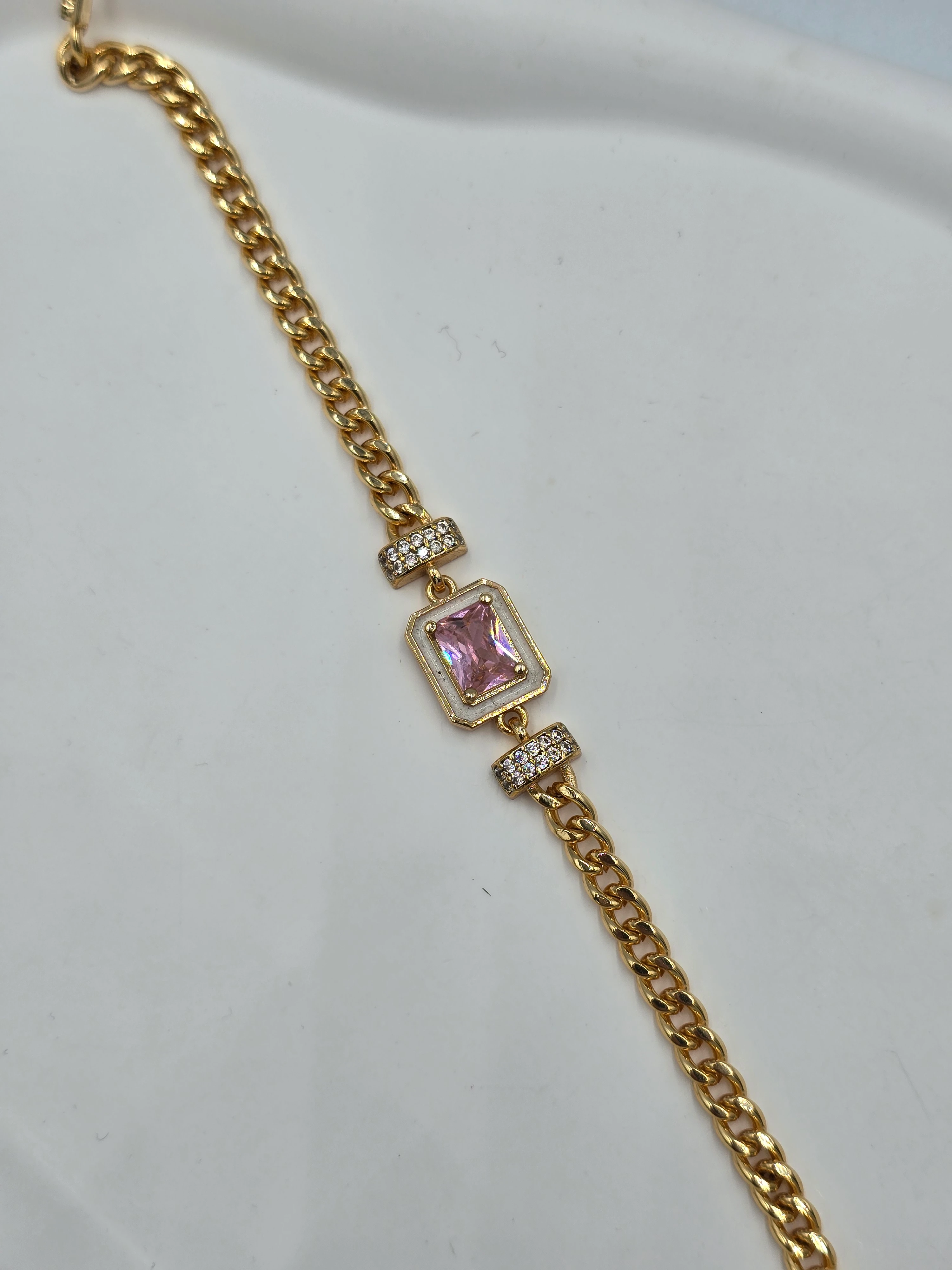 Ortası Pembe Zirkon Taş Zincir Bilklik