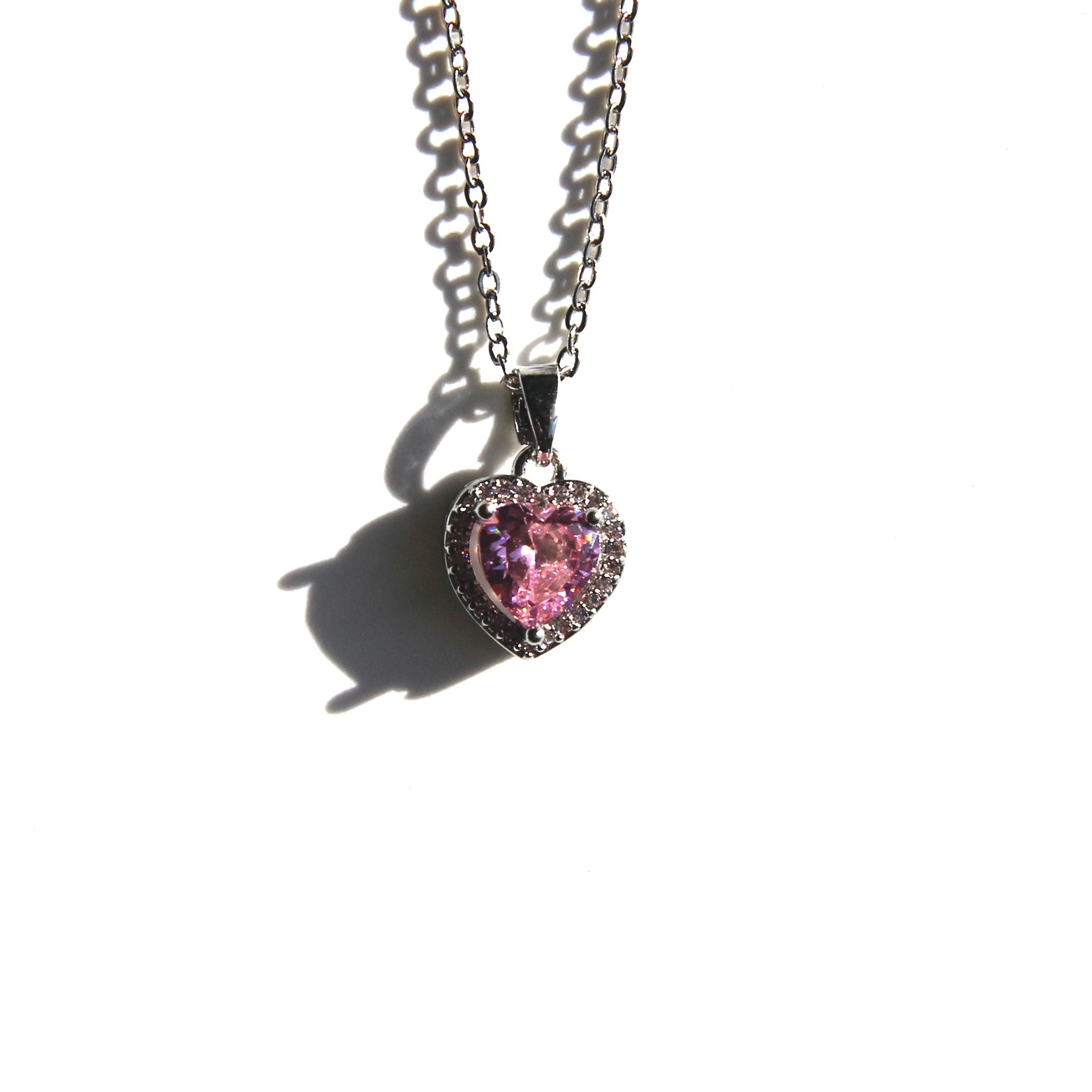 Heart Kolye - Silver - Pembe Taş