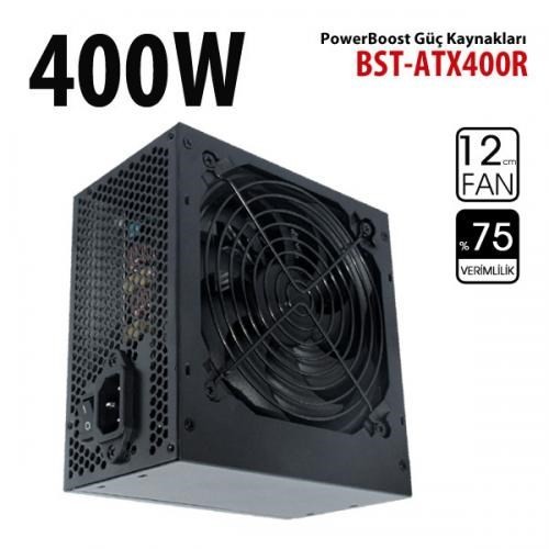 PowerBoost BST-ATX400R 400w, PPFC 12cm Siyah Fanlı ATX PSU Power kablo (Retail Box) Güç Kaynağı