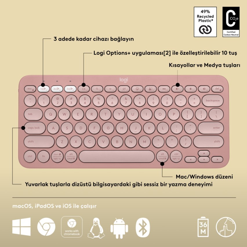 Logitech K380s Pebble Keys 2 Çoklu Cihaz Özellikli Bluetooth Türkçe Q Klavye - Pembe