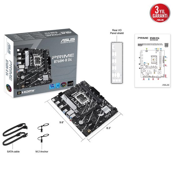 Asus Prıme B760M-R D4 Intel B760 Lga1700 DDR4 5333 Hdmı 2X M2 Usb3.2 Aura Rgb 2.5Gbit Lan Matx (Prıme B760M-R D4) Anakart
