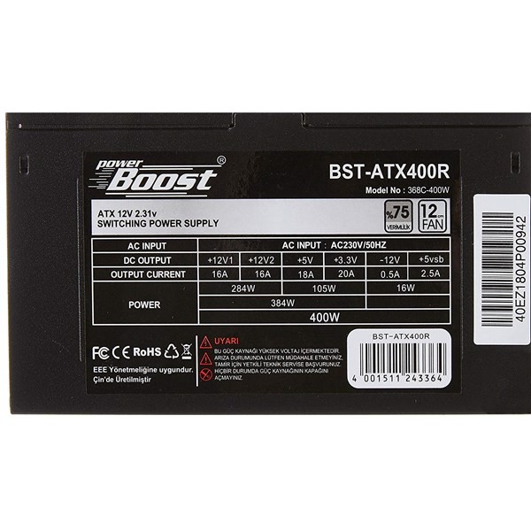 PowerBoost BST-ATX400R 400w, PPFC 12cm Siyah Fanlı ATX PSU Power kablo (Retail Box) Güç Kaynağı