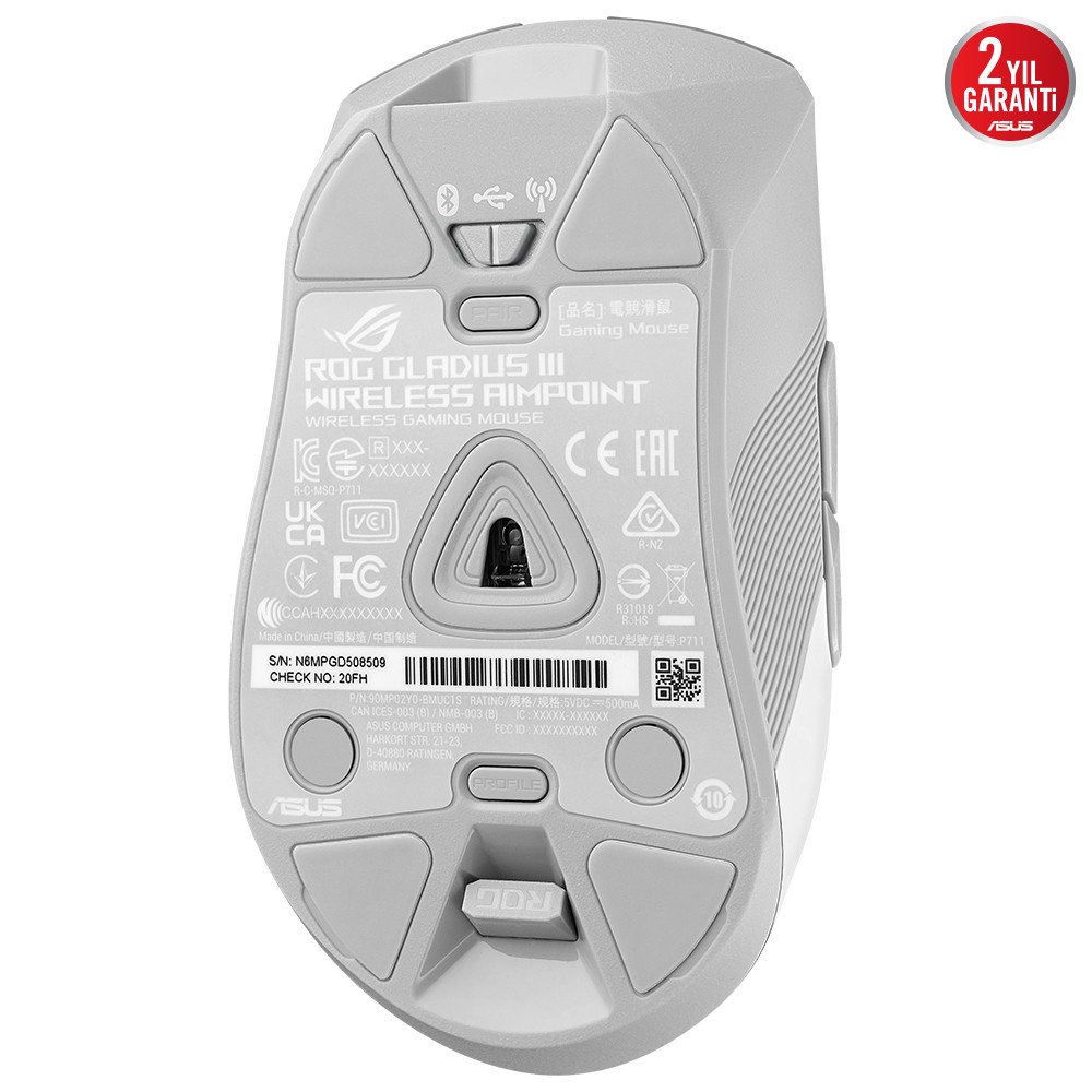 ASUS ROG GLADIUS III WIRELESS AIMPOINT 2.4GHz BLUETOOTH 36000 DPI SENSÖR 6 FARKLI PROGRAMLANABİLİR TUŞ DEĞİŞTİRİLEBİLİR SWITCH OYUNCU MOUSE BEYAZ